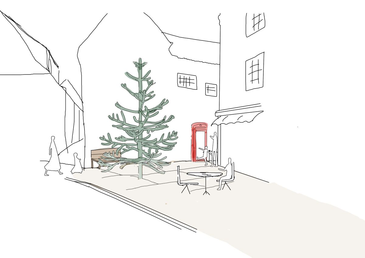 An artist's sketch of the proposed new pavement space where Bridge Street meets Church Street, Whitby.