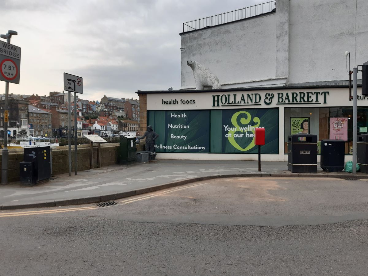 The pavement outside Holland and Barrett, and the harbour, Whitby.