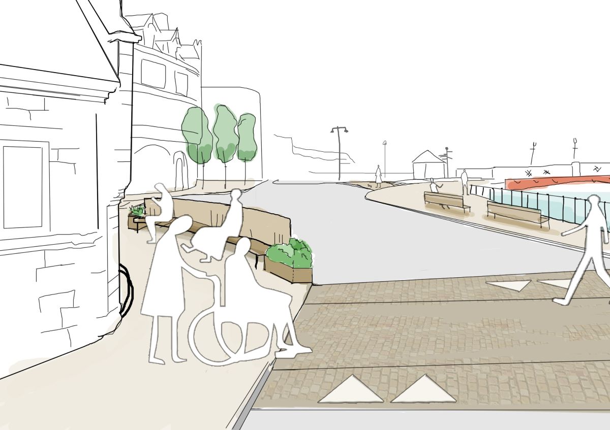 An artist’s sketch of the proposed new street scene, west of Whitby Swing Bridge.
