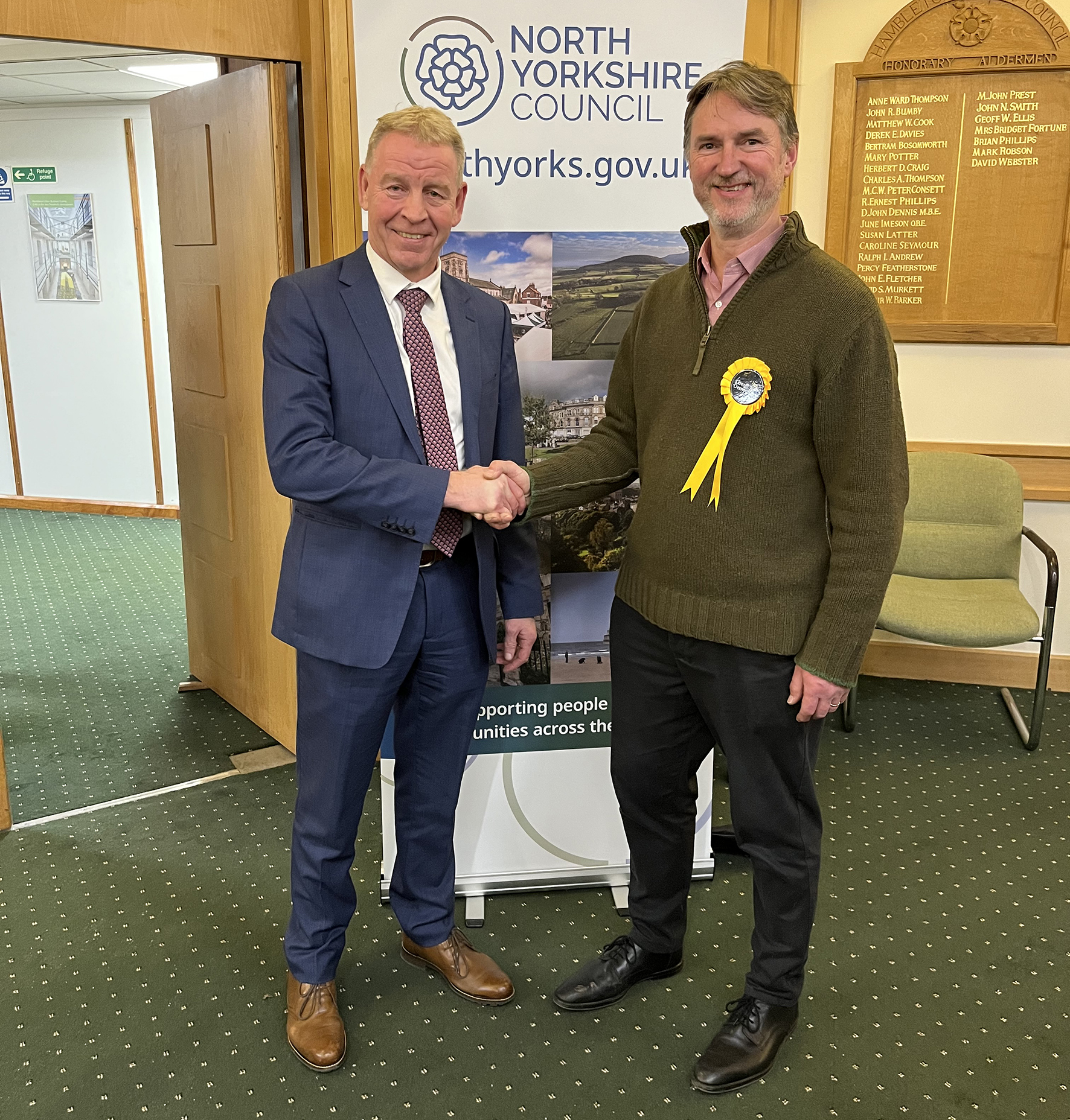 Dan Sladden, right, the winner of the Sowerby and Topcliffe by-election, with returning officer Richard Flinton, who is the chief executive of North Yorkshire Council.