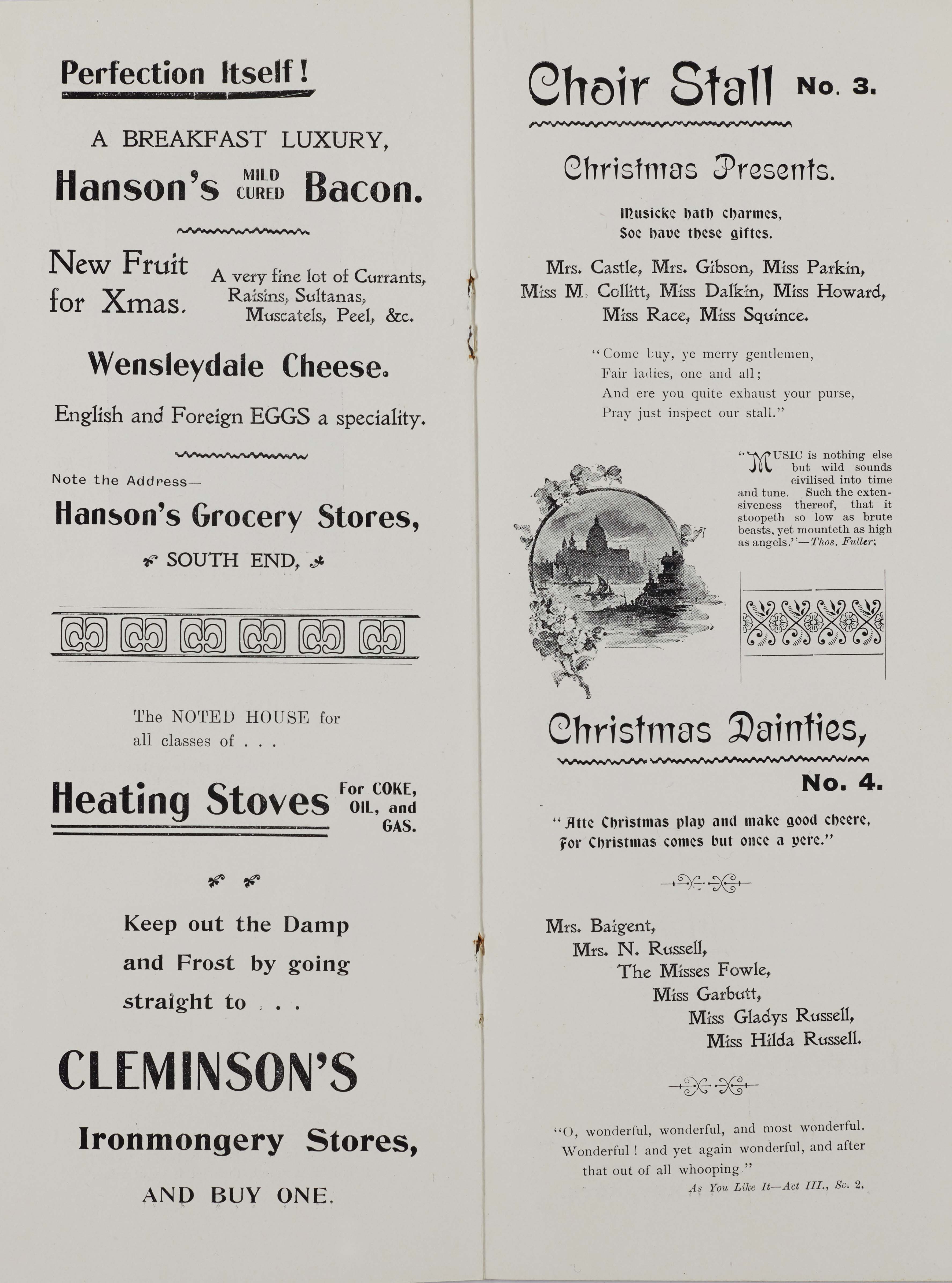 Pages from a programme from 1905 for a Christmas bazaar in aid of the organ fund at All Saints' Church, Northallerton.