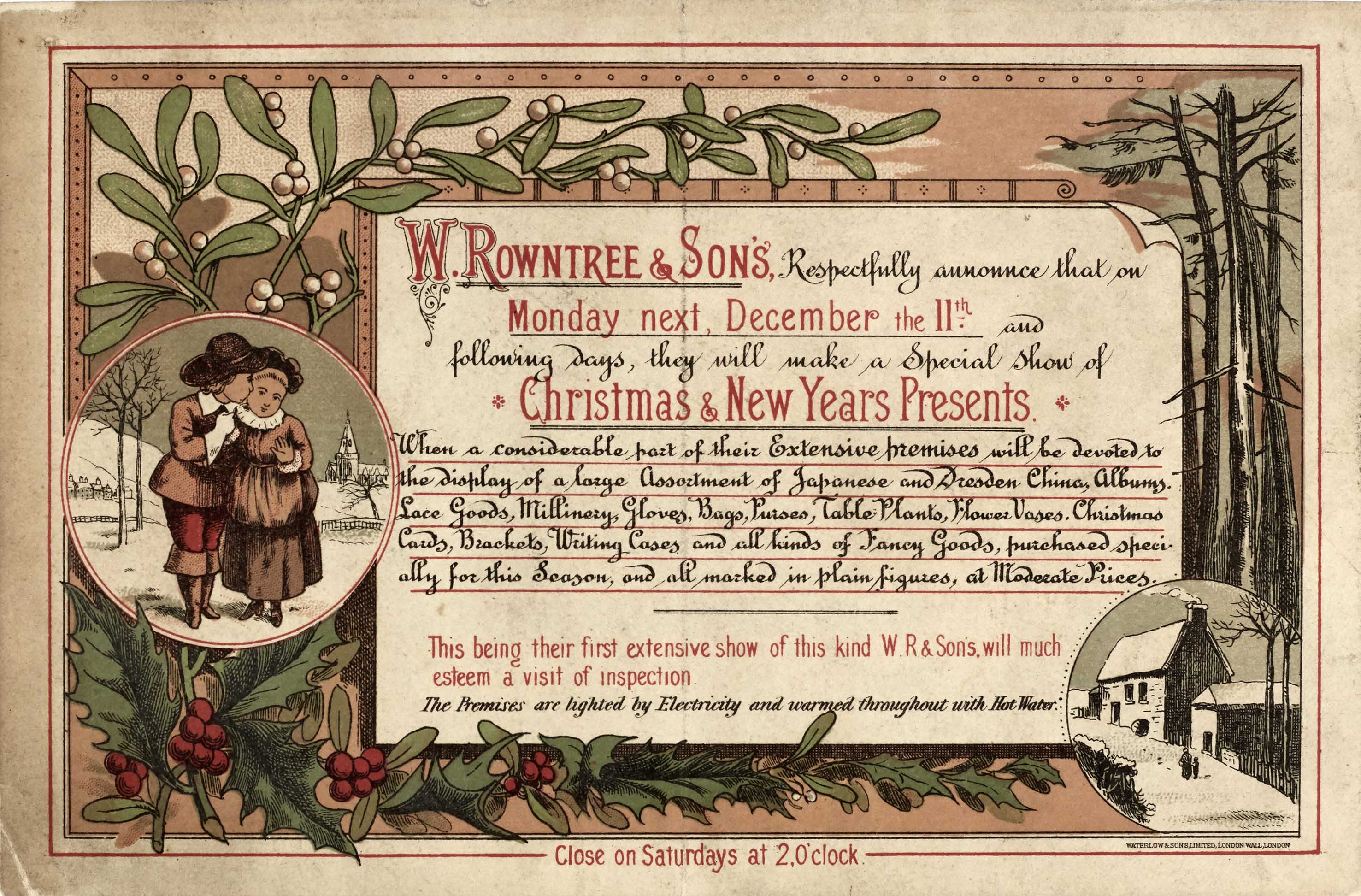 A Christmas circular from W Rowntree & Sons of Scarborough from 1882, promoting “their first extensive show of this kind” for which they would “much esteem a visit of inspection”.