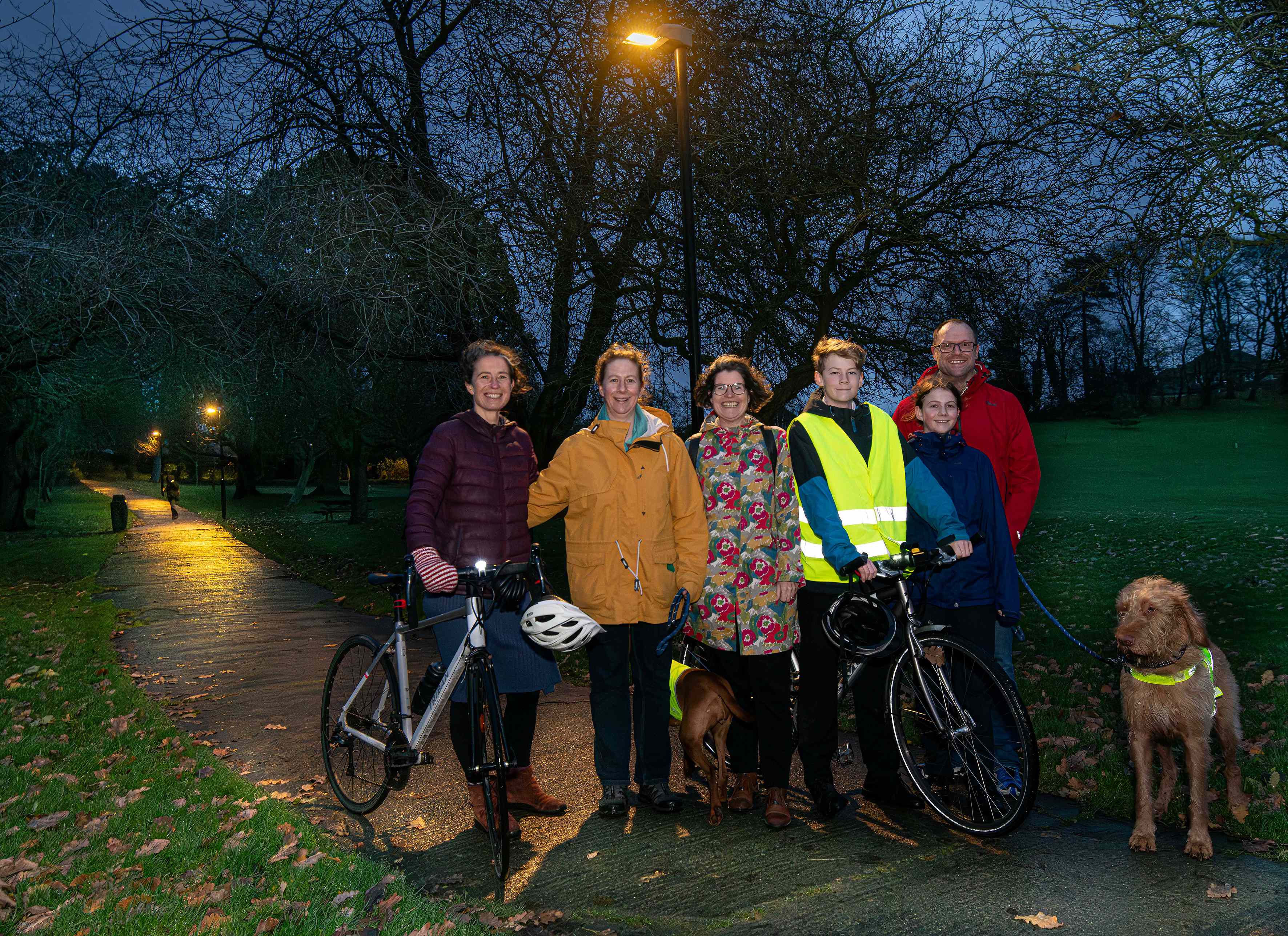 (From left to right) Katie Birks, Elaine Hiser, Fiona Protheroe, Will Hiser-Dobson, Isla Hiser Dobson and Richard Dobson in Skipton’s Aireville Park, where new lighting has been introduced.