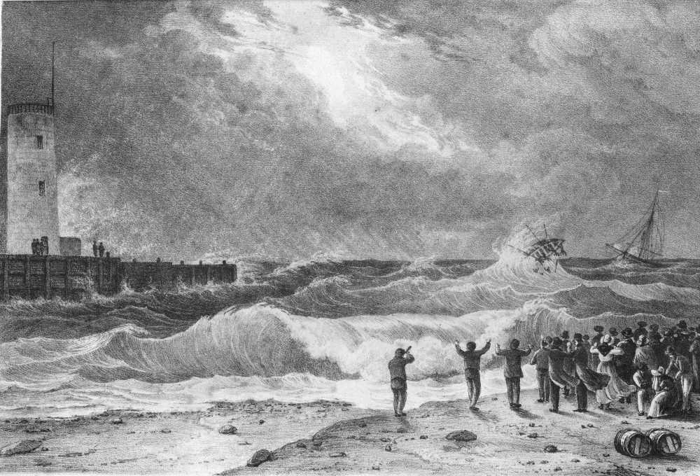 An etching of a storm at Scarborough in February 1836.