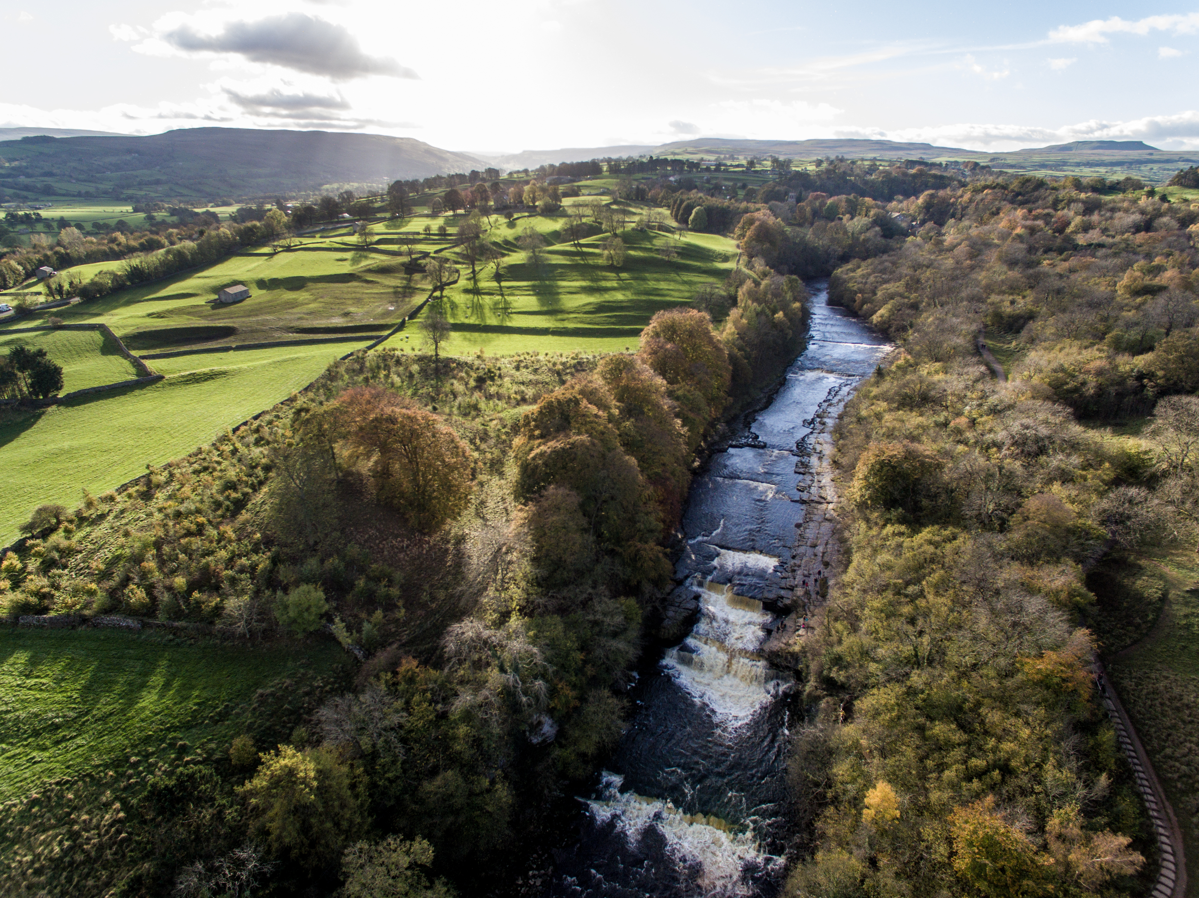 Aerial view of Aysgarth Falls and surrounding area
