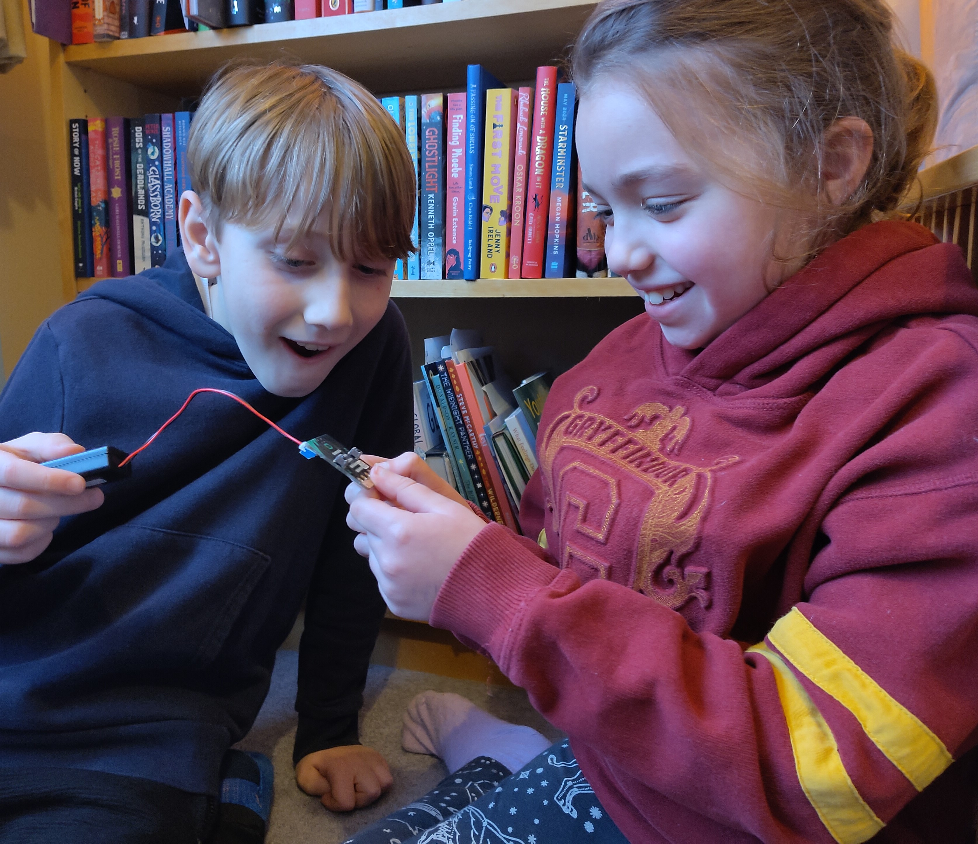 Max and Maya learning with micro:bits, which they borrowed from Scarborough Library.