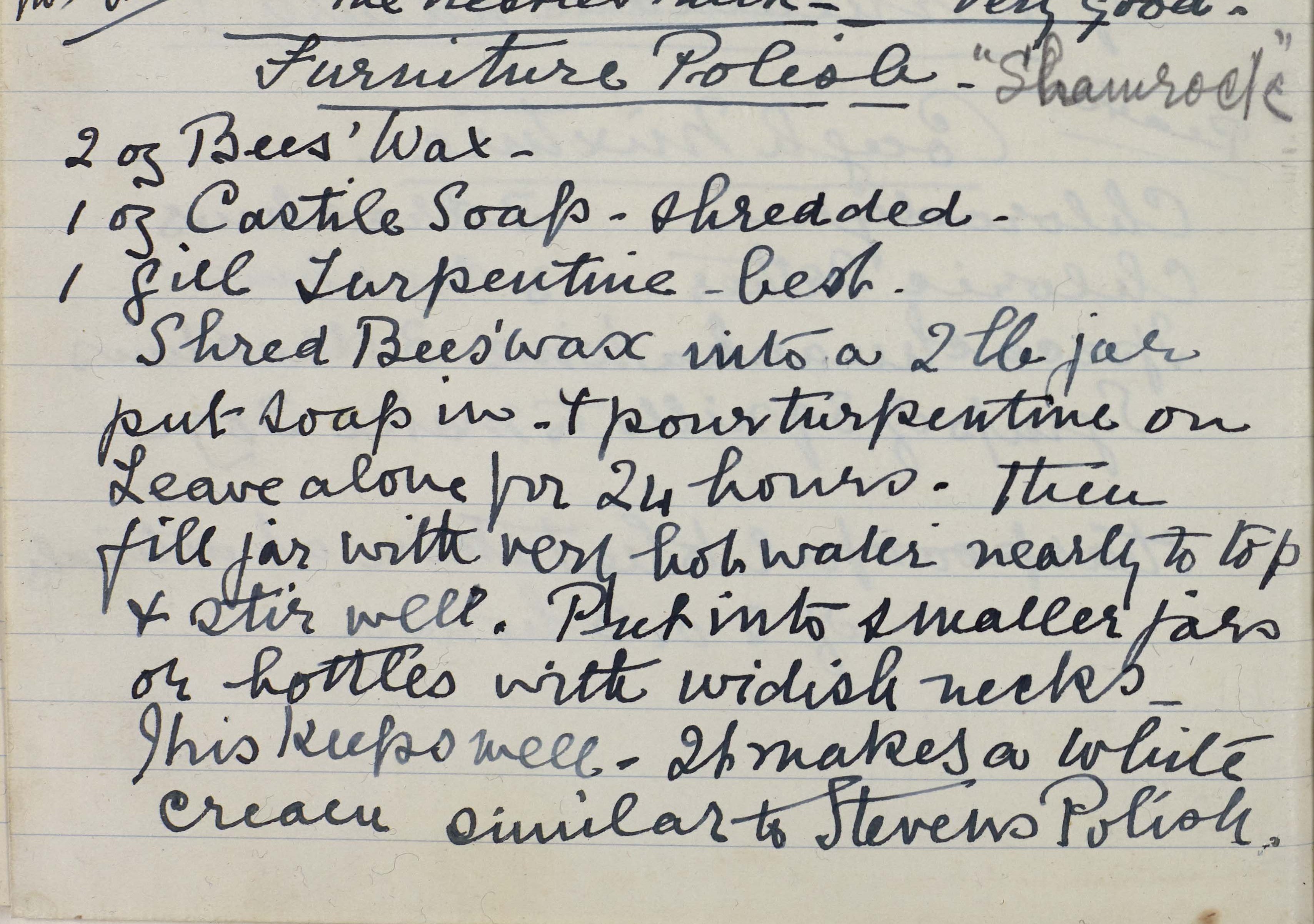 A beeswax furniture polish recipe, from a handwritten recipe book in the records of the Blakeley family of Middleton near Pickering, dating from the 19th century. 