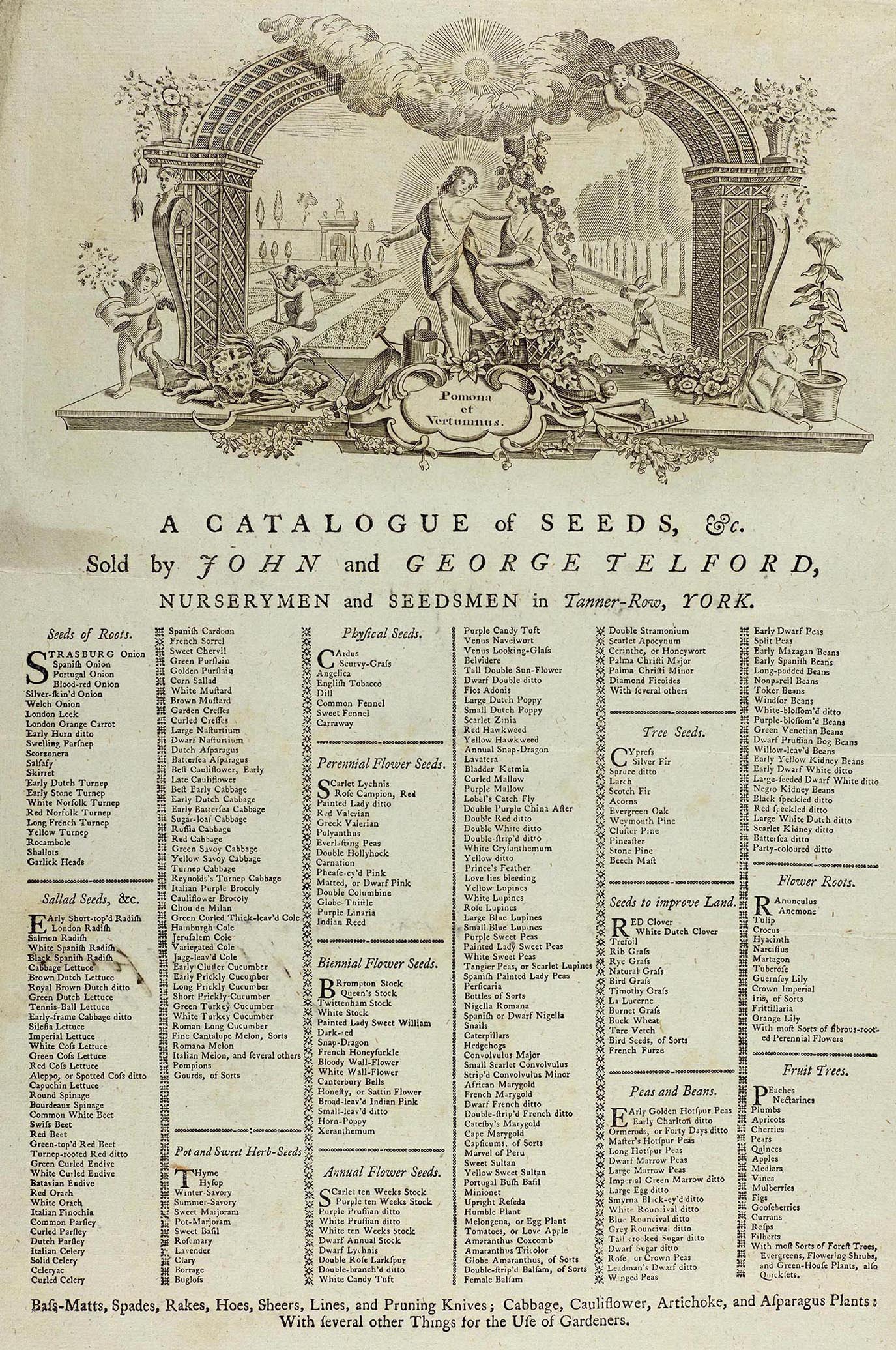 Telford’s of York catalogue of seeds from the 18th century, from the Darley family of Aldby archive.