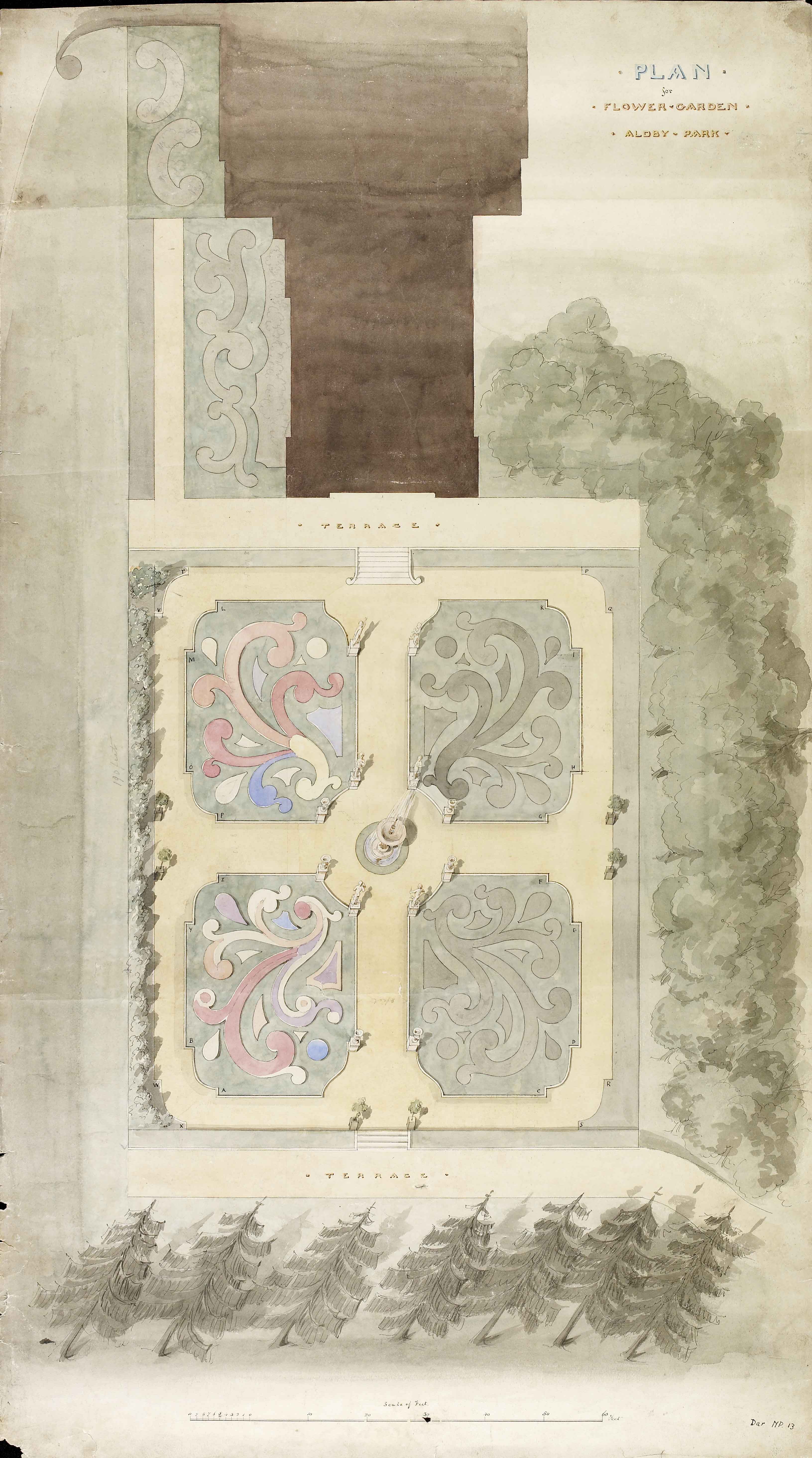 A plan of a flower garden at Aldby Park (no date, but thought to be circa 19th century), from the Darley family of Aldby archive.