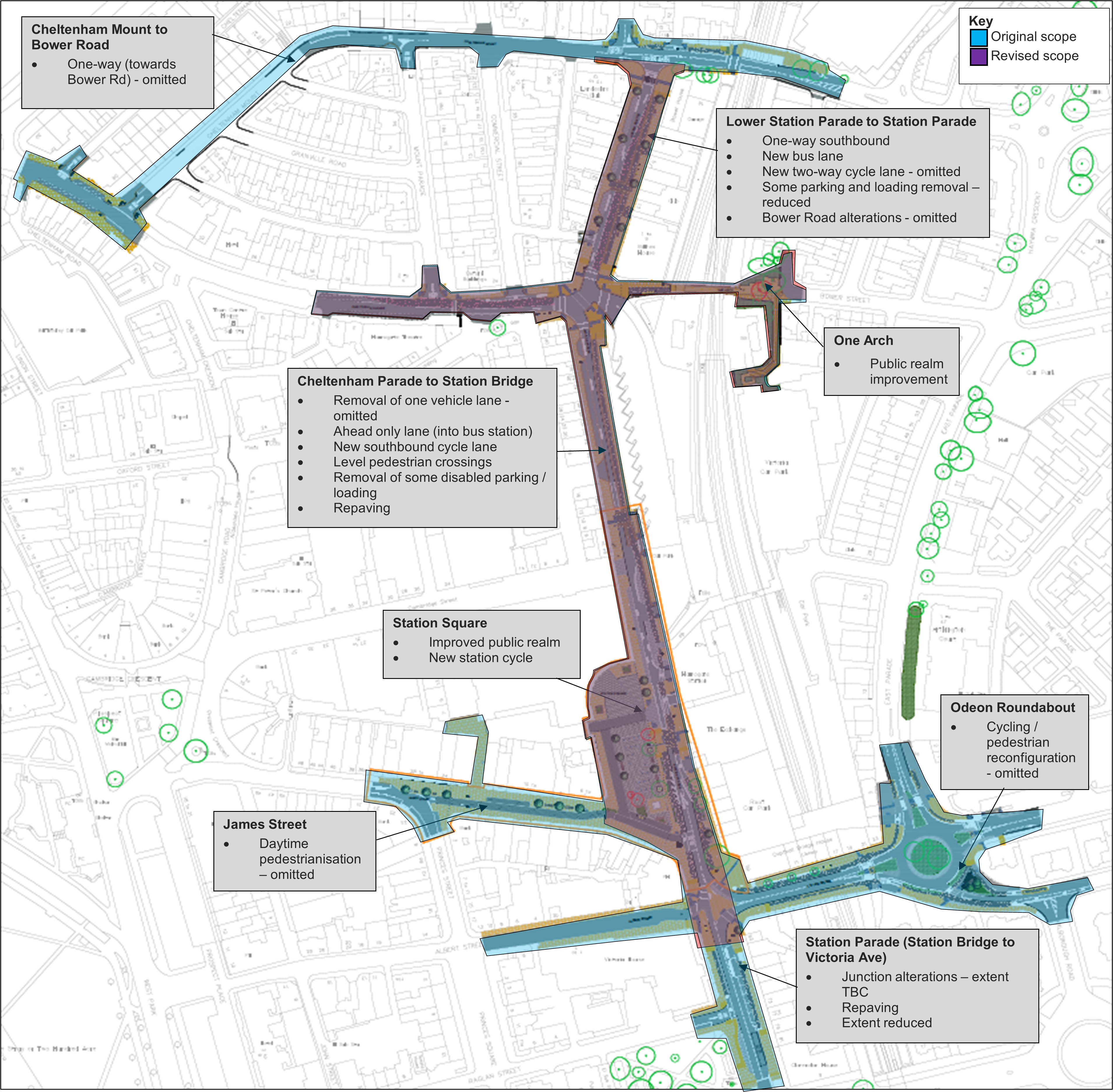 A map of Harrogate town centre showing the scope of the original Transforming Cities Fund scheme with the revised scope overlaid. Contact us to view in an accessible format.