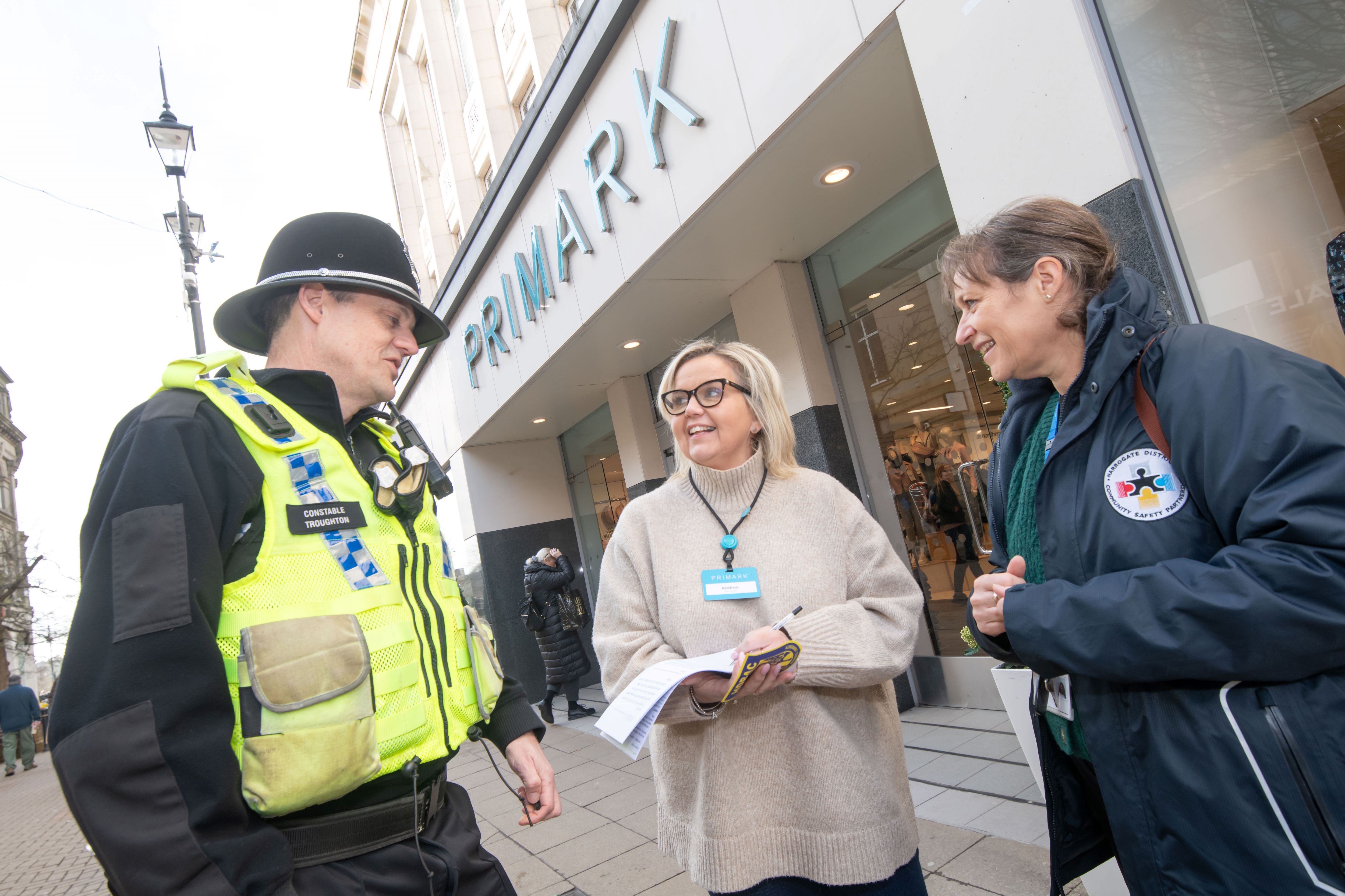 North Yorkshire Council’s community safety and CCTV manager, Julia Stack, speaks with Primark store manager, Andrea Thornborrow, and North Yorkshire Police officer, PC Kelvin Troughton, at the launch of Operation Spotlight in Harrogate.