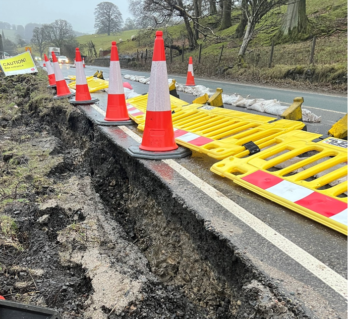 Cones and barriers along the A59 at Kex Gill