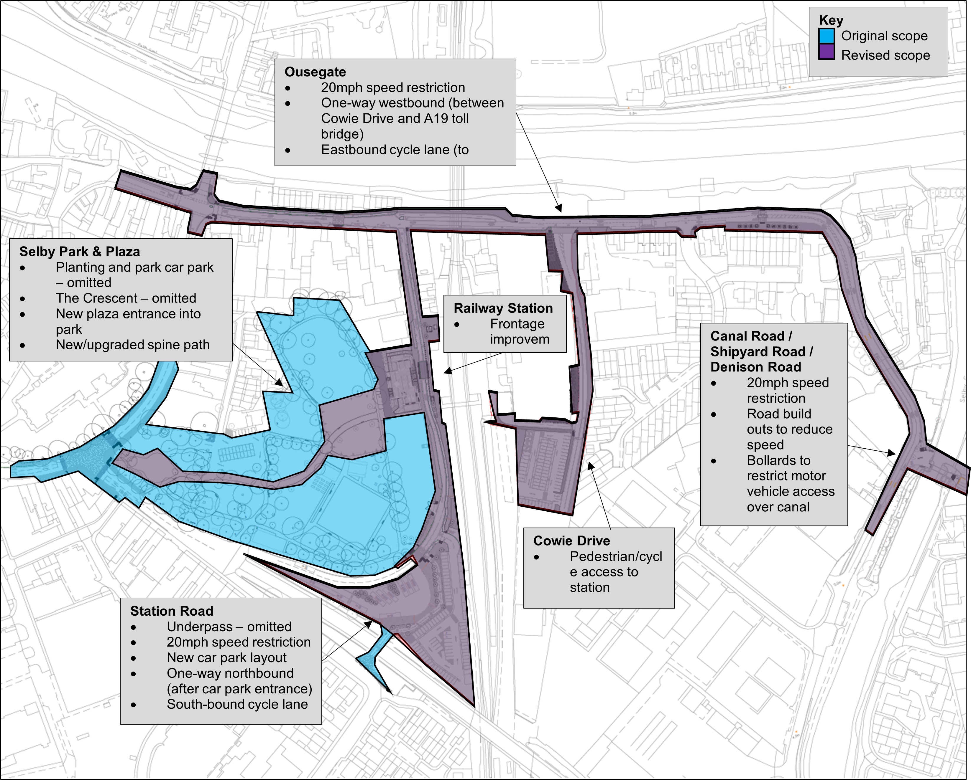 A map of Selby town centre showing the scope of the original Transforming Cities Fund scheme with the revised scope overlaid. Contact us to view in an accessible format.