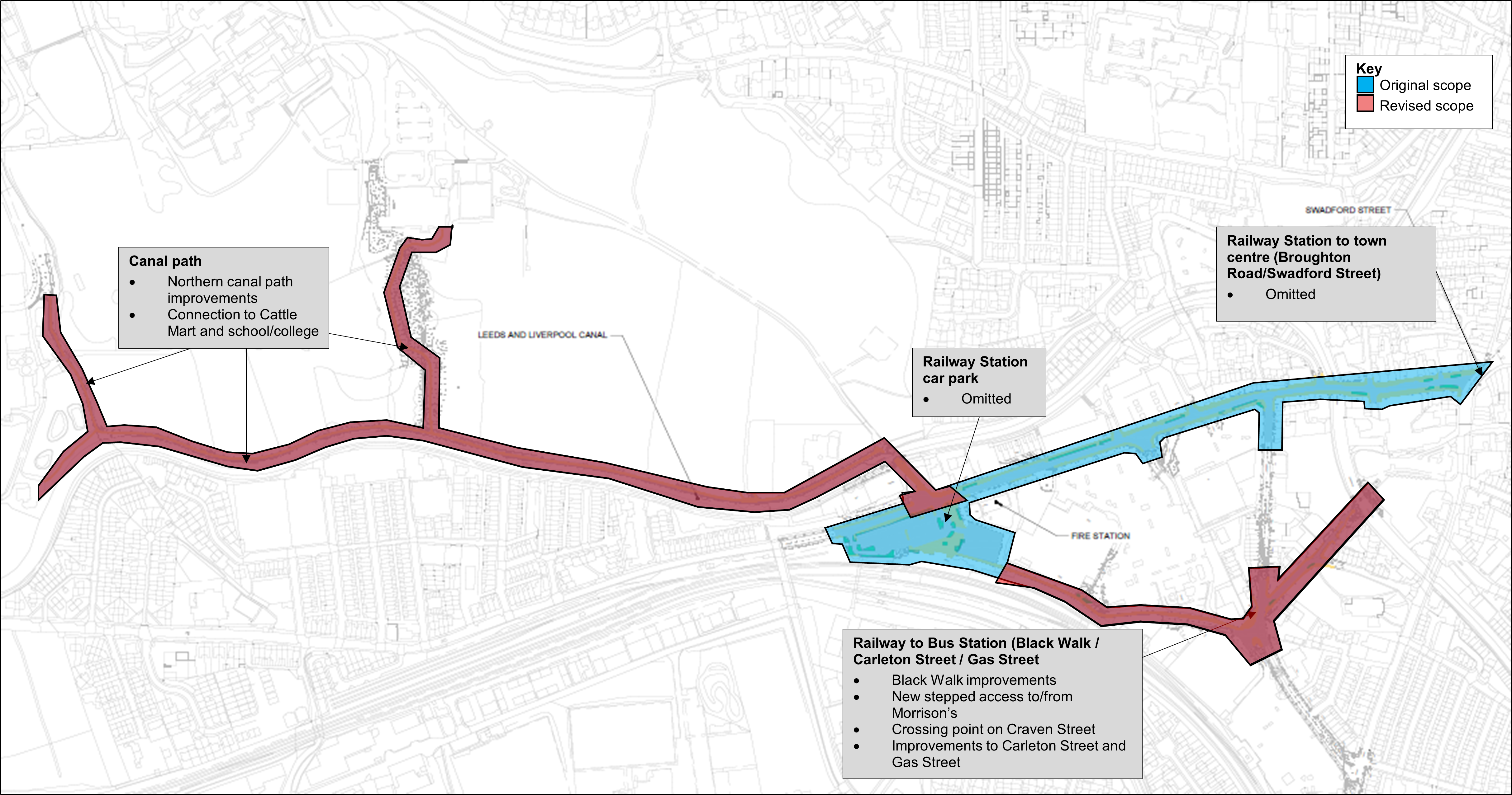 A map of Skipton town centre showing the scope of the original Transforming Cities Fund scheme with the revised scope overlaid. Contact us to view in an accessible format.