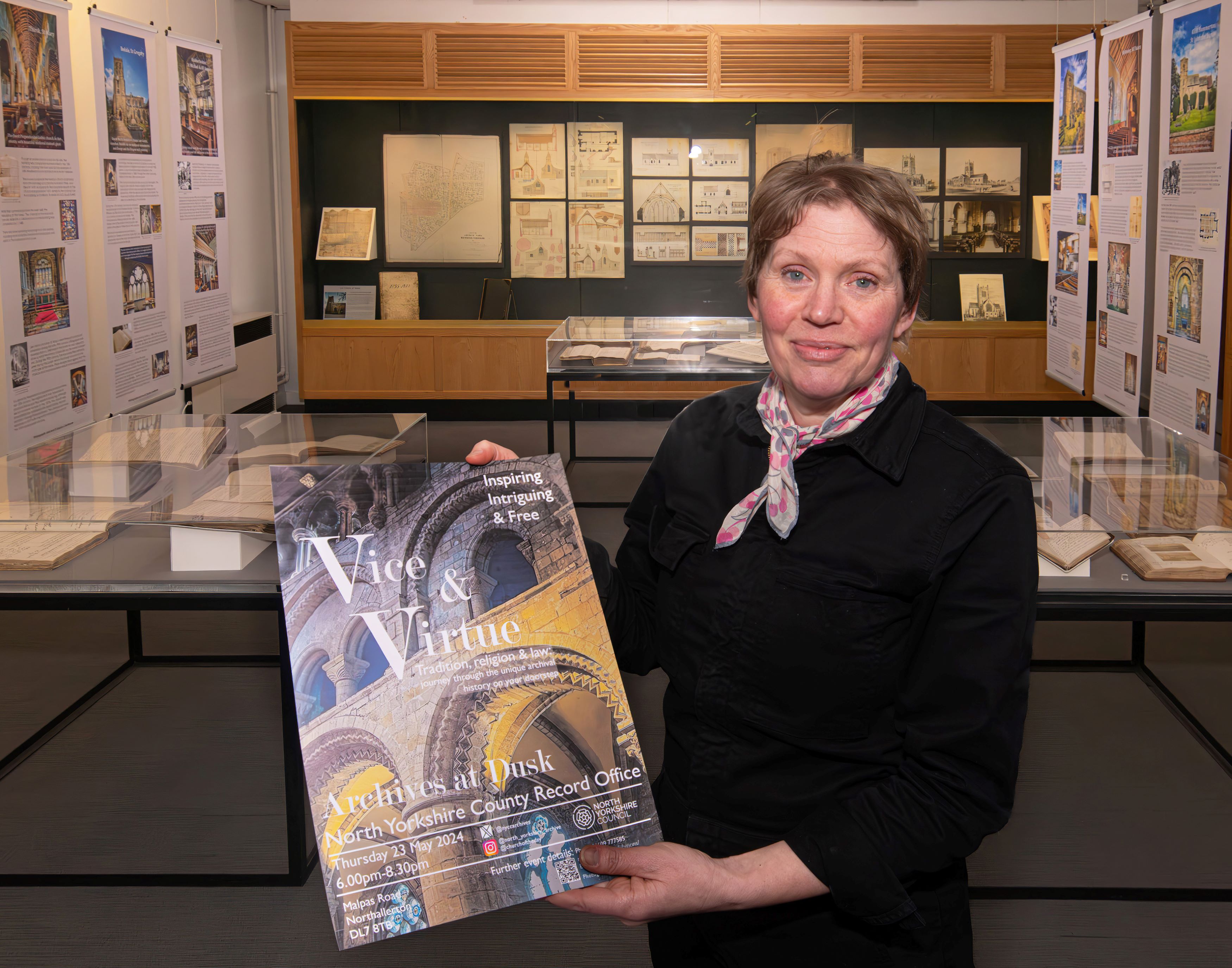 Rachel Greenwood, in the County Record Office preparing for the annual Archives at Dusk event.