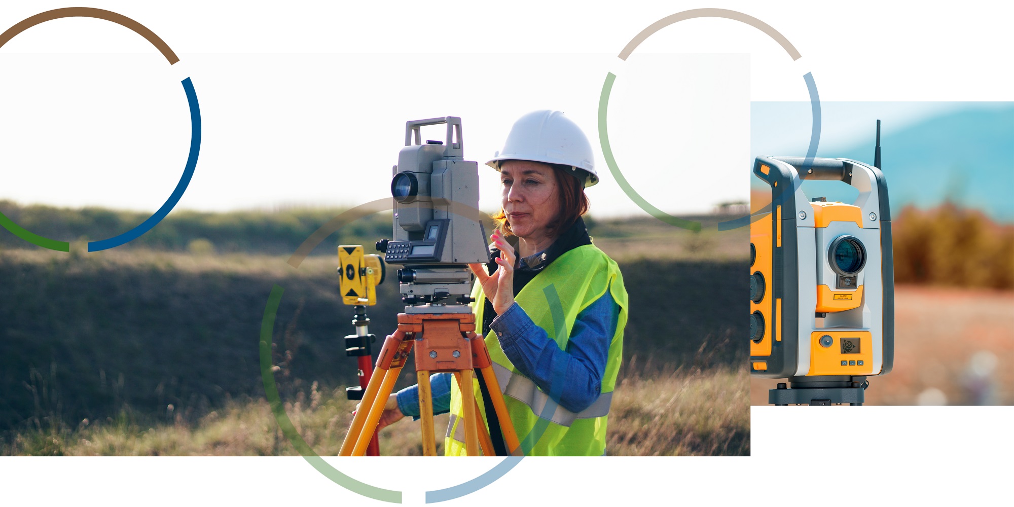 Building surveyor in high vis jacket using measuring equipment