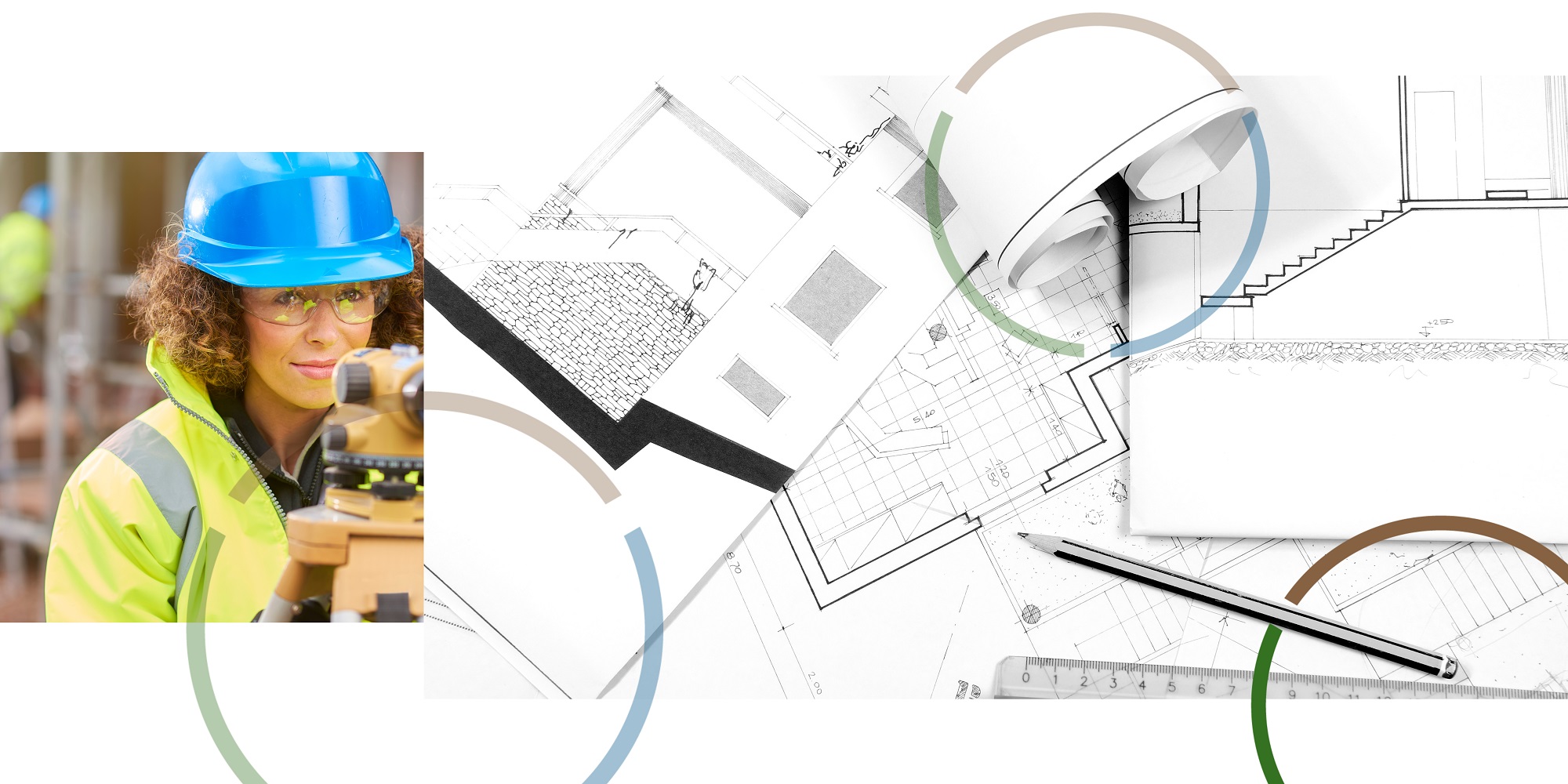 Building surveyor in high vis jacket on the left. Building plans on the right.