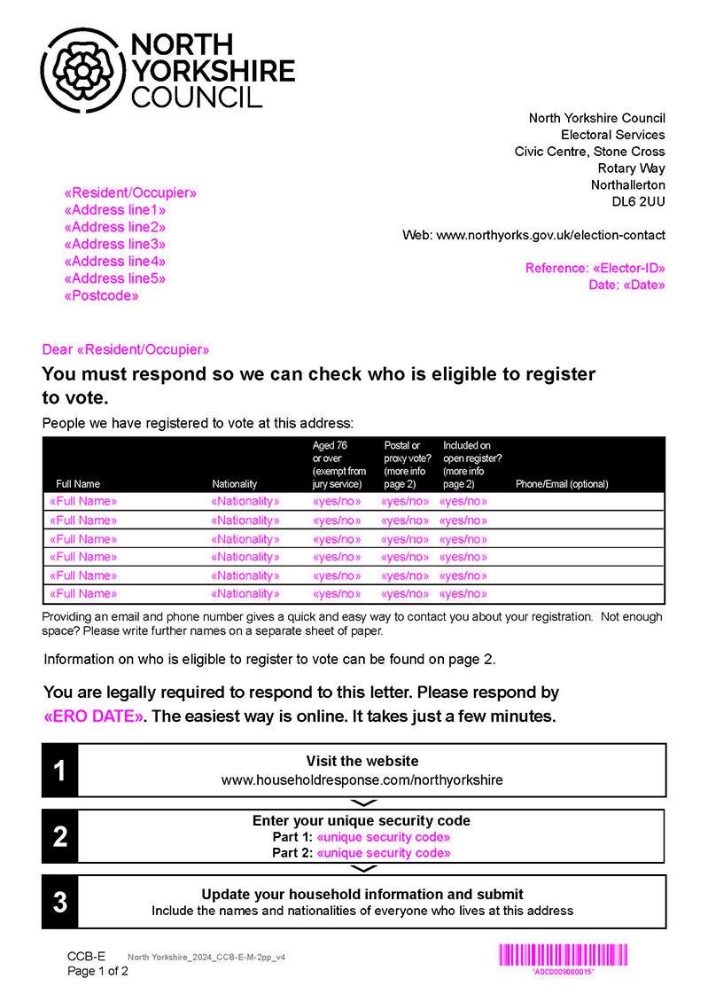 An example of one of the letters you could be sent for the annual canvass with names of people already registered at your home.