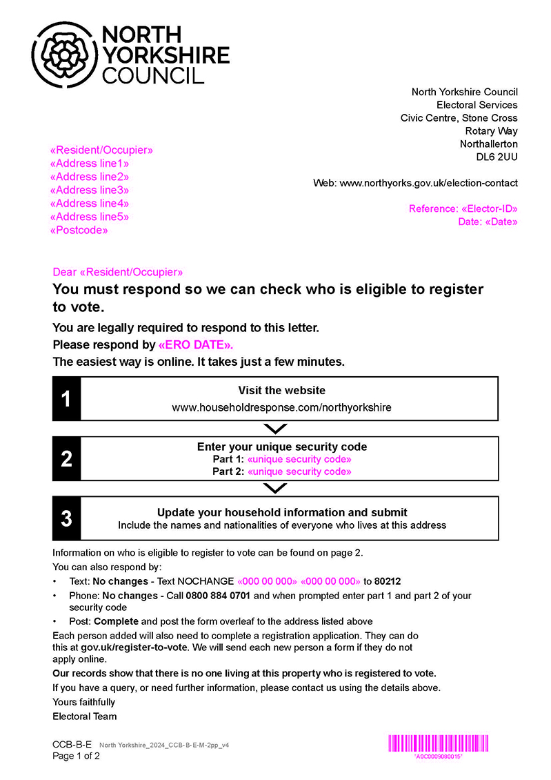 An example of the letter you could be sent for the annual canvass if nobody is currently registered at your home.