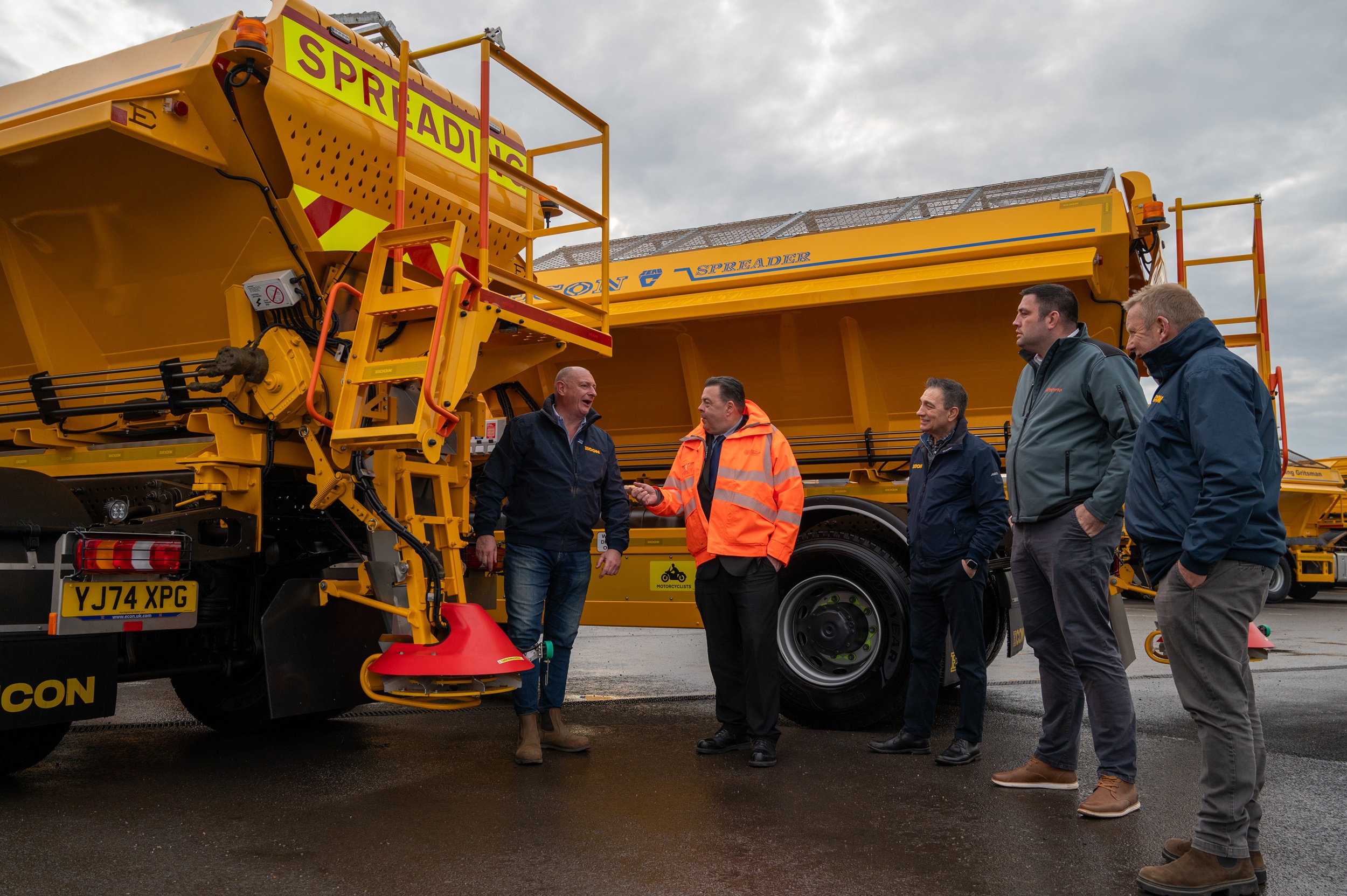 Head of highway operations, Nigel Smith, and operations manager at NY Highways, Craig Winter, assessing the new gritters with Econ staff. 