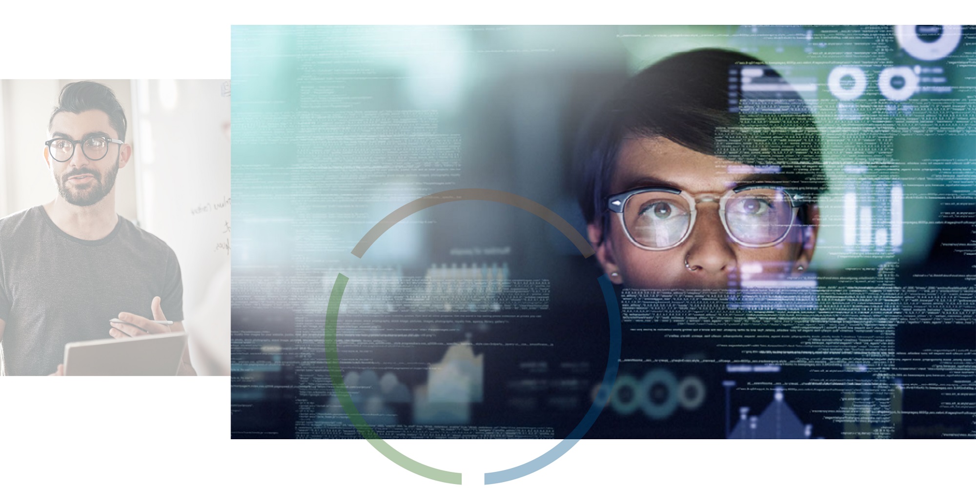 Man working behind a computer screen, with graphics and code snippets overlaying the image.