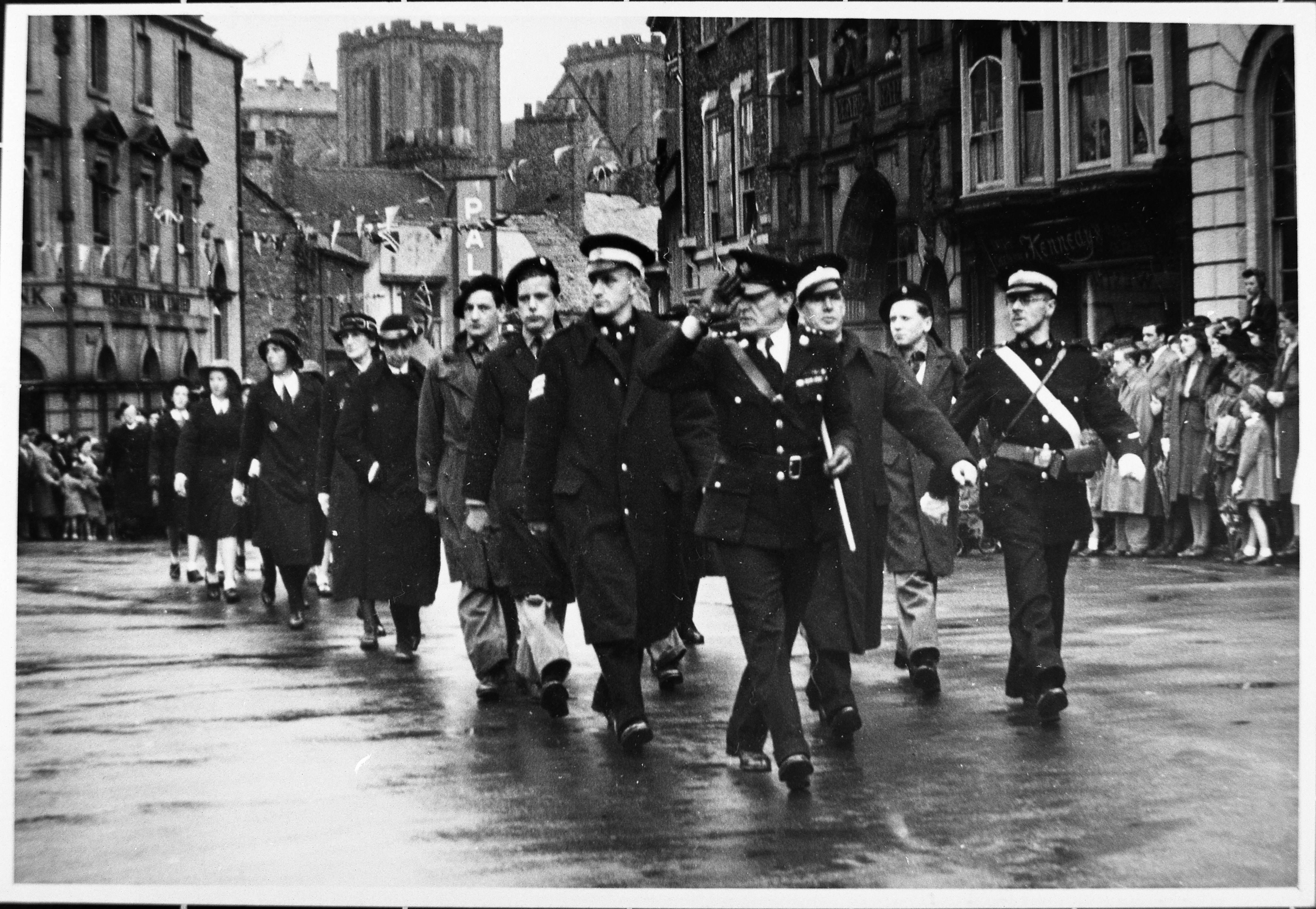 Celebratory parade in Ripon 1945. This image is part of the Ripon Re-Viewed collection created by Ripon Civic Society and supported by the National Lottery Heritage Fund (NLHF).