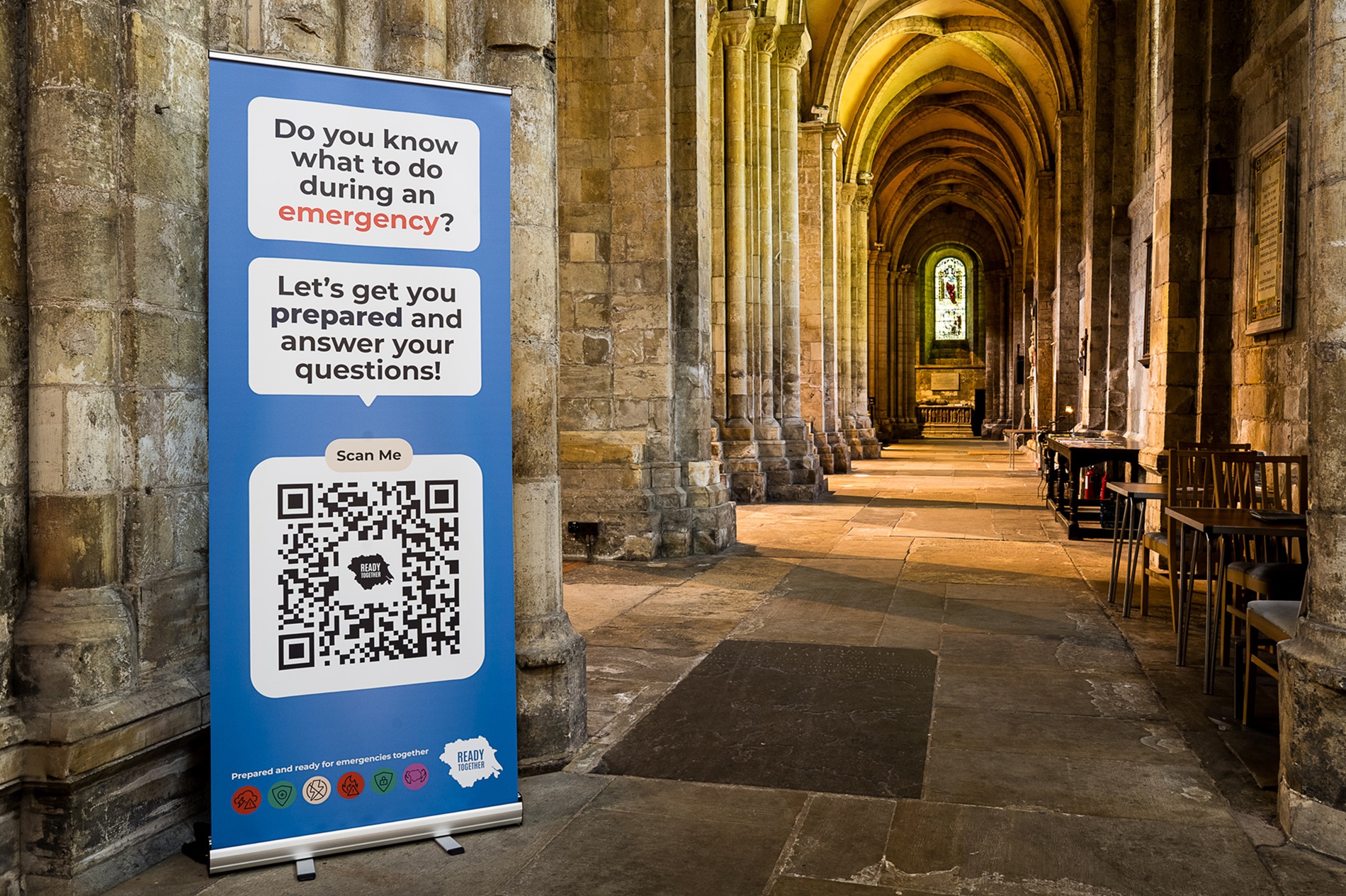 A Yorkshire Ready Together banner in Selby Abbey