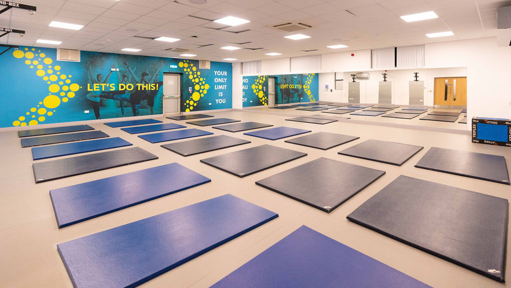 The exercise class room at Stokesley Leisure and Wellbeing Hub with yoga matts laid out