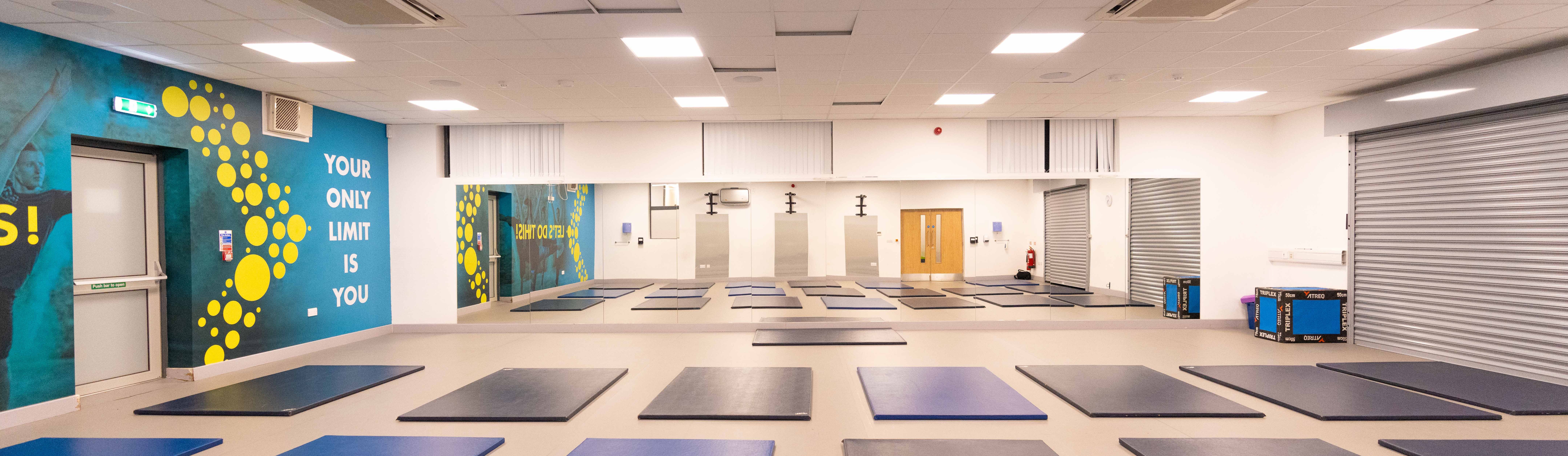 The exercise class room at Stokesley Leisure and Wellbeing Hub with yoga matts laid out