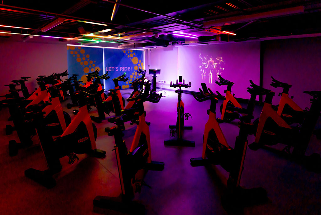 The spin class room at Thirsk and Sowerby Leisure and Wellbeing Hub with a number of bikes ready to be used