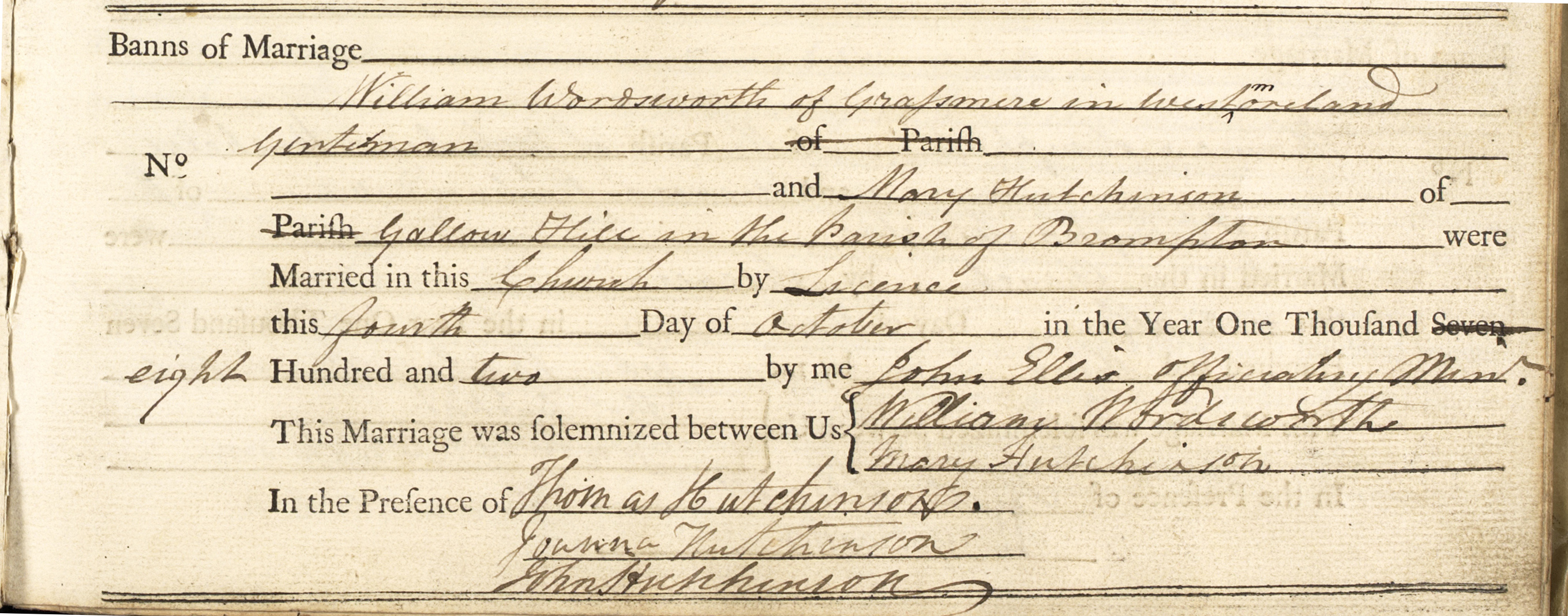 Entry in Brompton marriage register for poet William Wordsworth, of Grasmere and Mary Hutchinson, of Brompton on 4 October 1802.