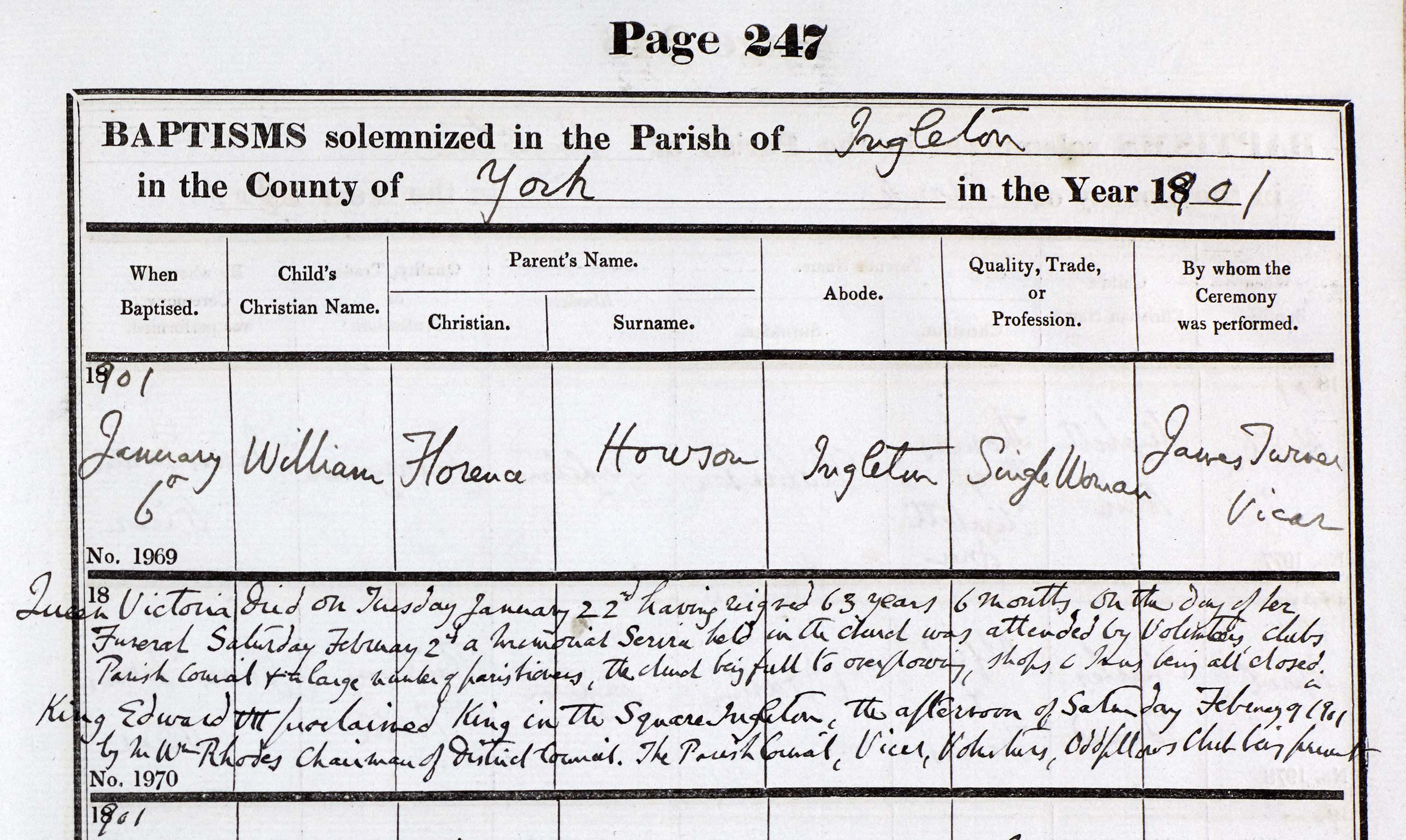 Notes in Ingleton baptism register marking the death of Queen Victoria in January 1901, and the proclamation of King Edward VII in Ingleton Square in February 1901.