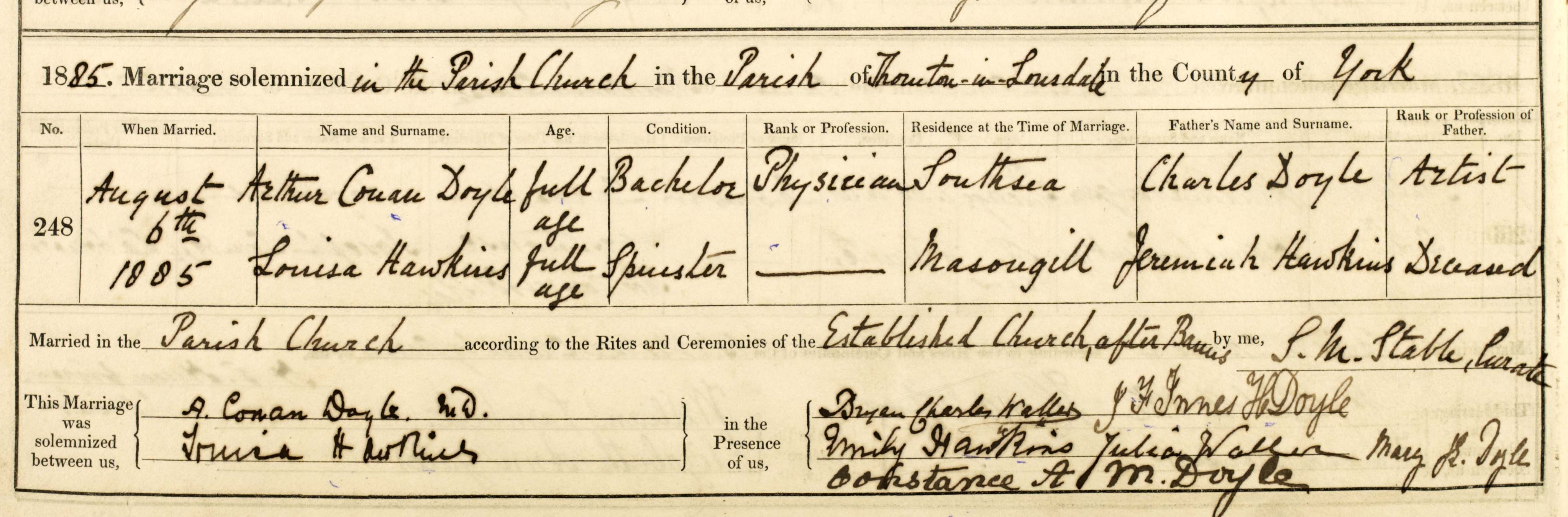 Entry in Thornton-in-Lonsdale marriage register for Sherlock Holmes author Arthur Conan Doyle and Louisa Hawkins on 6 August 1885.