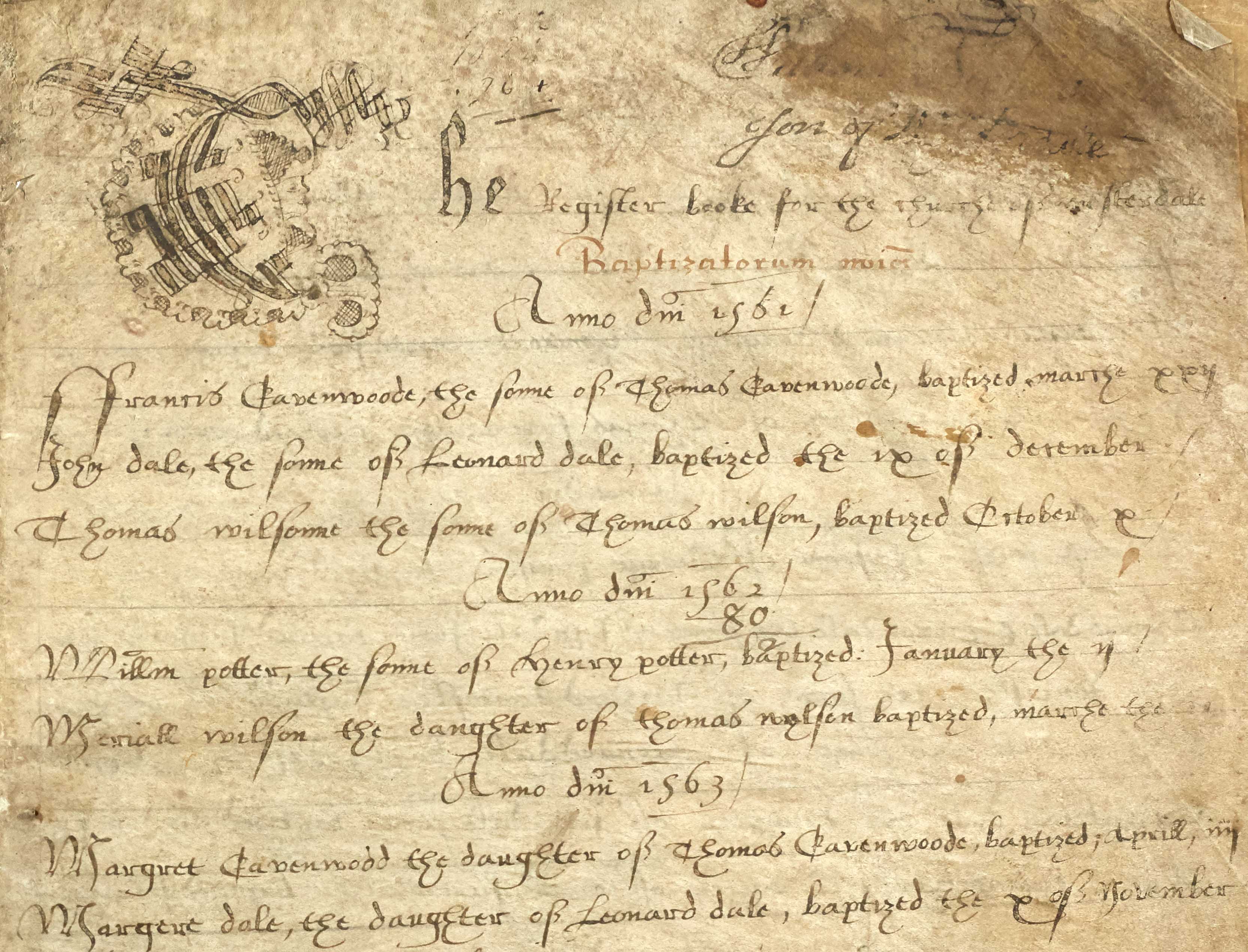 Baptism entries on the first page of Wensley parish register, 1561