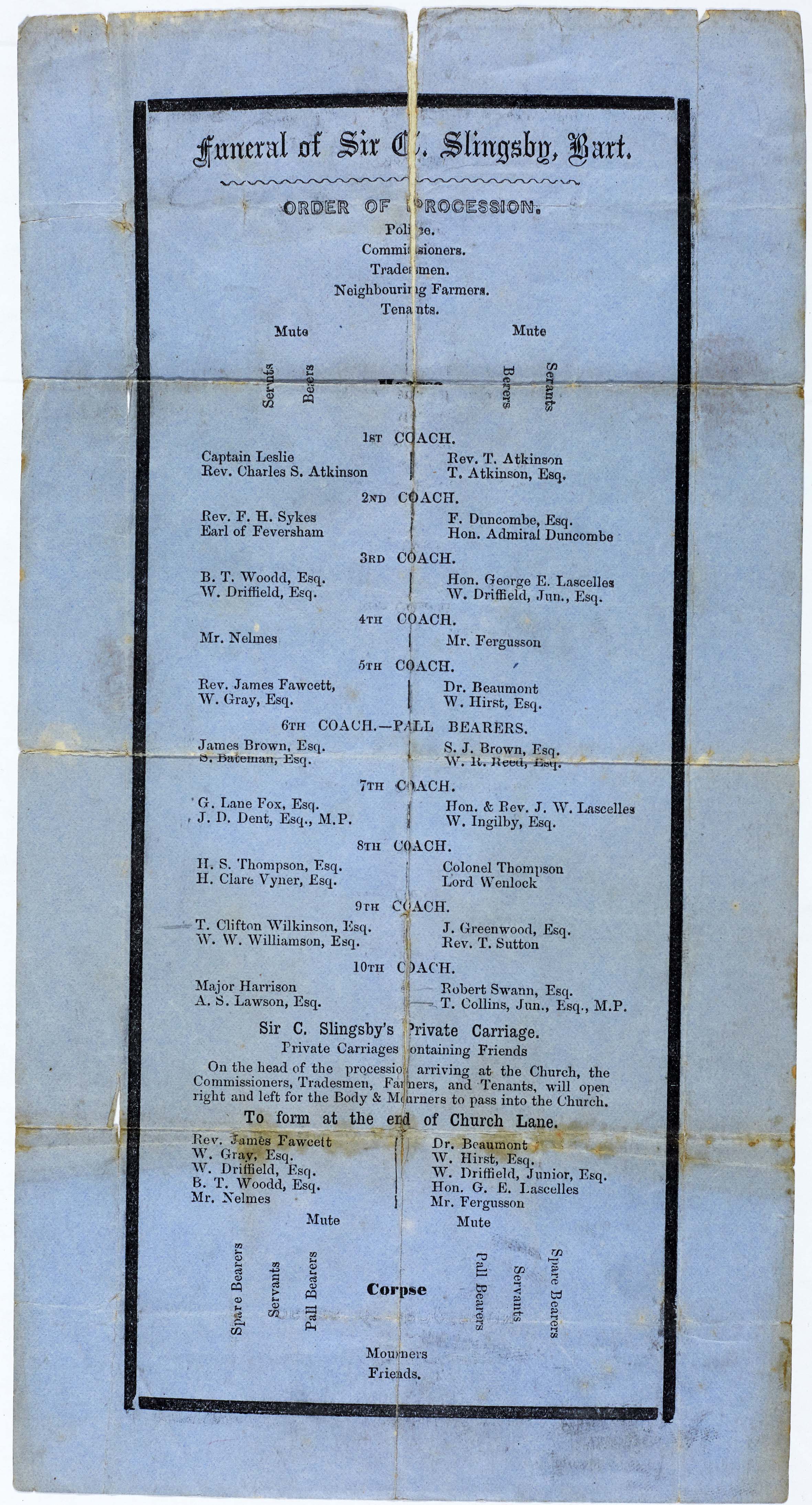 Copy of Order of Procession for the funeral of Sir Charles Slingsby, 10th Baronet, Scriven Park, Knaresborough, 1869.