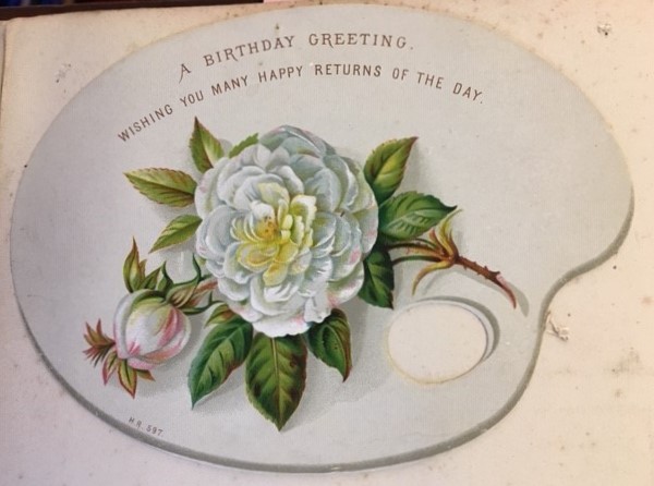 Birthday greeting card, from a mid-Victorian scrapbook thought to belong to Adeline Bruce, a relative of the Coore family of Scruton Hall.