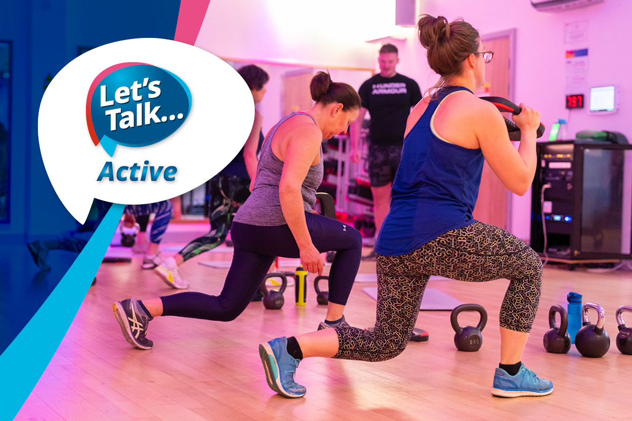 The Let's Talk Active logo over a picture of a group of women taking part in an exercise class