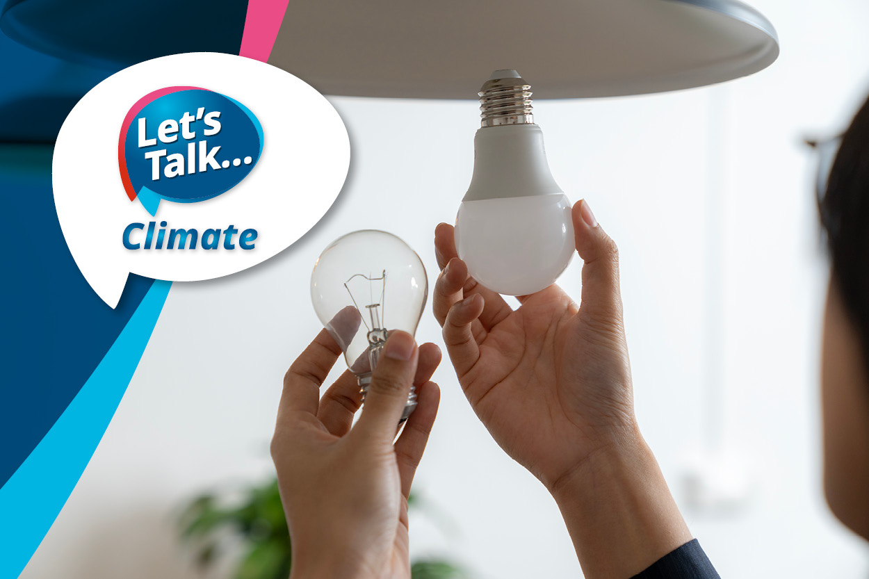 The Let's Talk Climate logo over a picture of someone replacing an old lightbulb with an energy efficient one