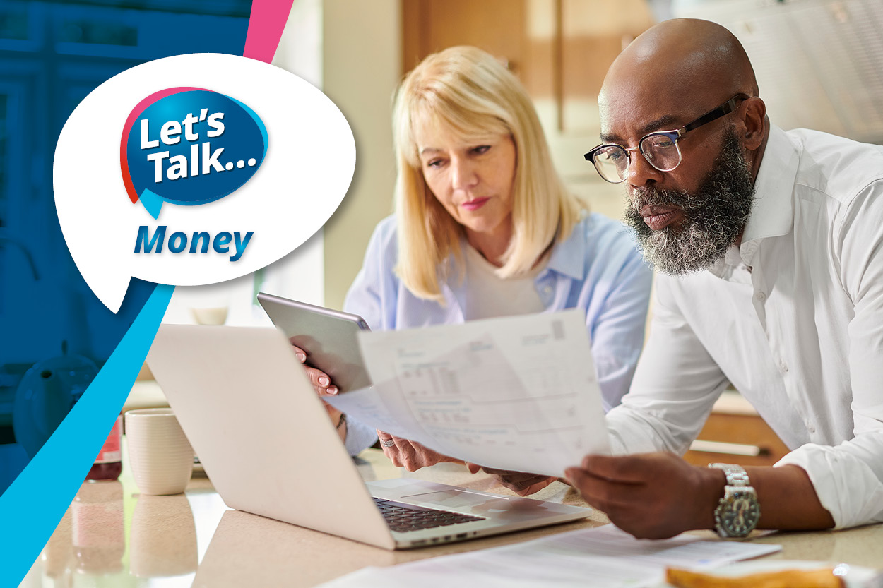 The Let's Talk money logo over a picture of a couple looking at papers and a laptop