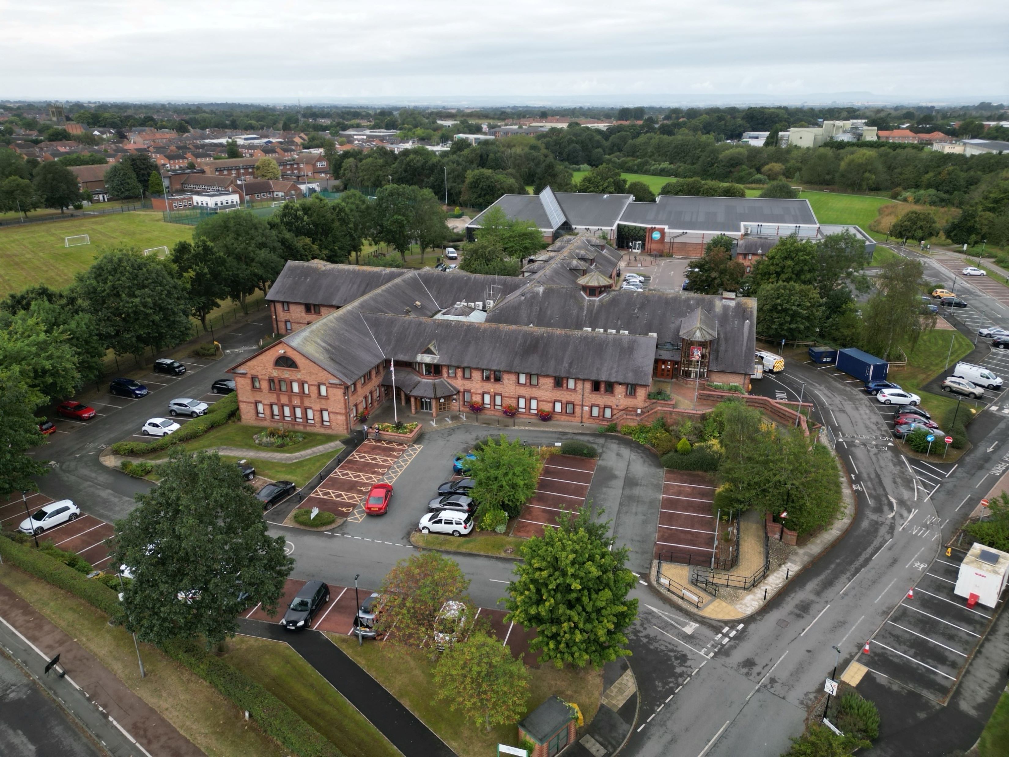 Aerial view of the Civic Centre in Northallerton, North Yorkshire, showing the main building and surrounding area