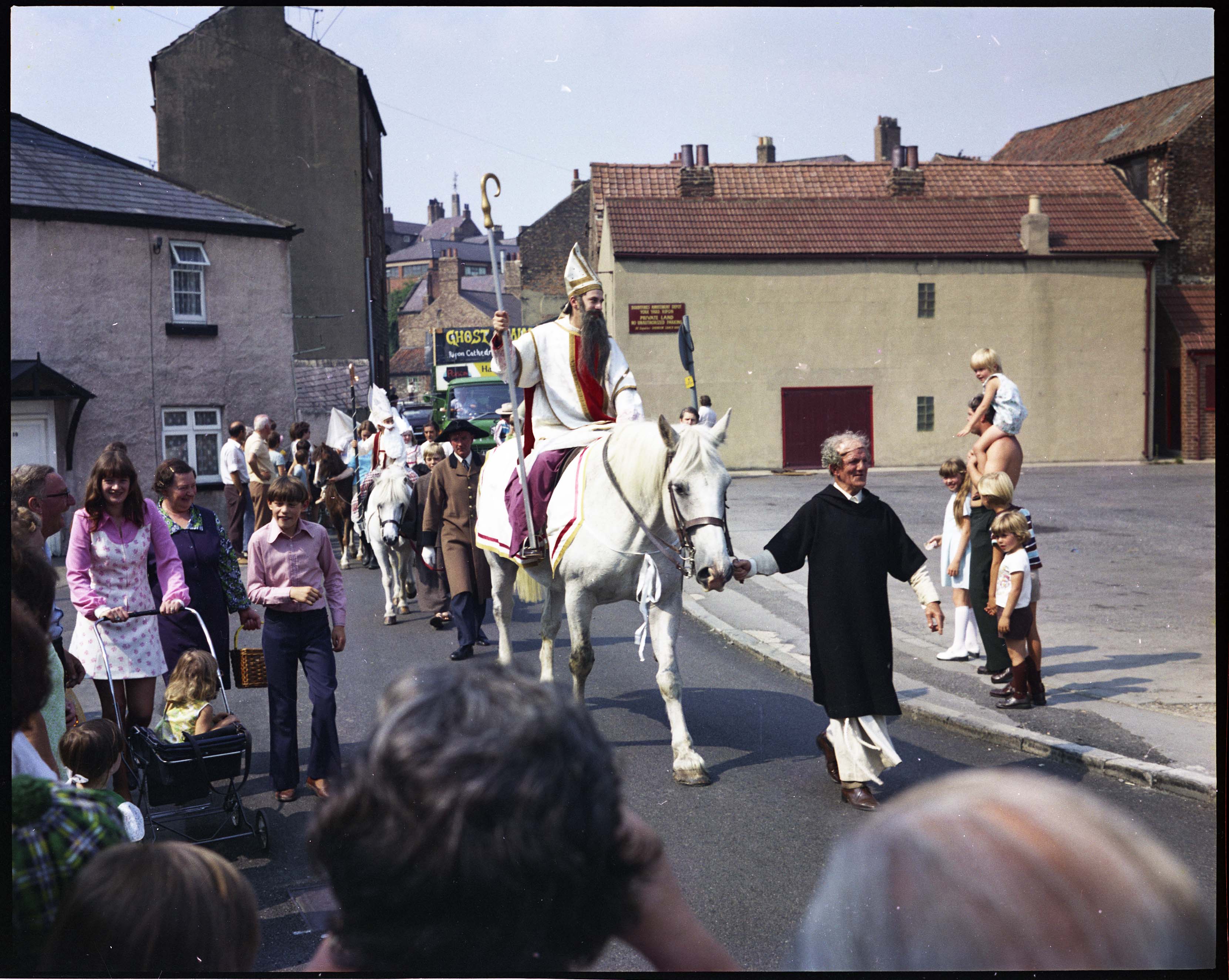 The St Wilfrid’s procession in Ripon (undated, mid-late 20th century). This image is part of the Ripon Re-Viewed collection created by Ripon Civic Society and supported by the National Lottery Heritage Fund (NLHF)