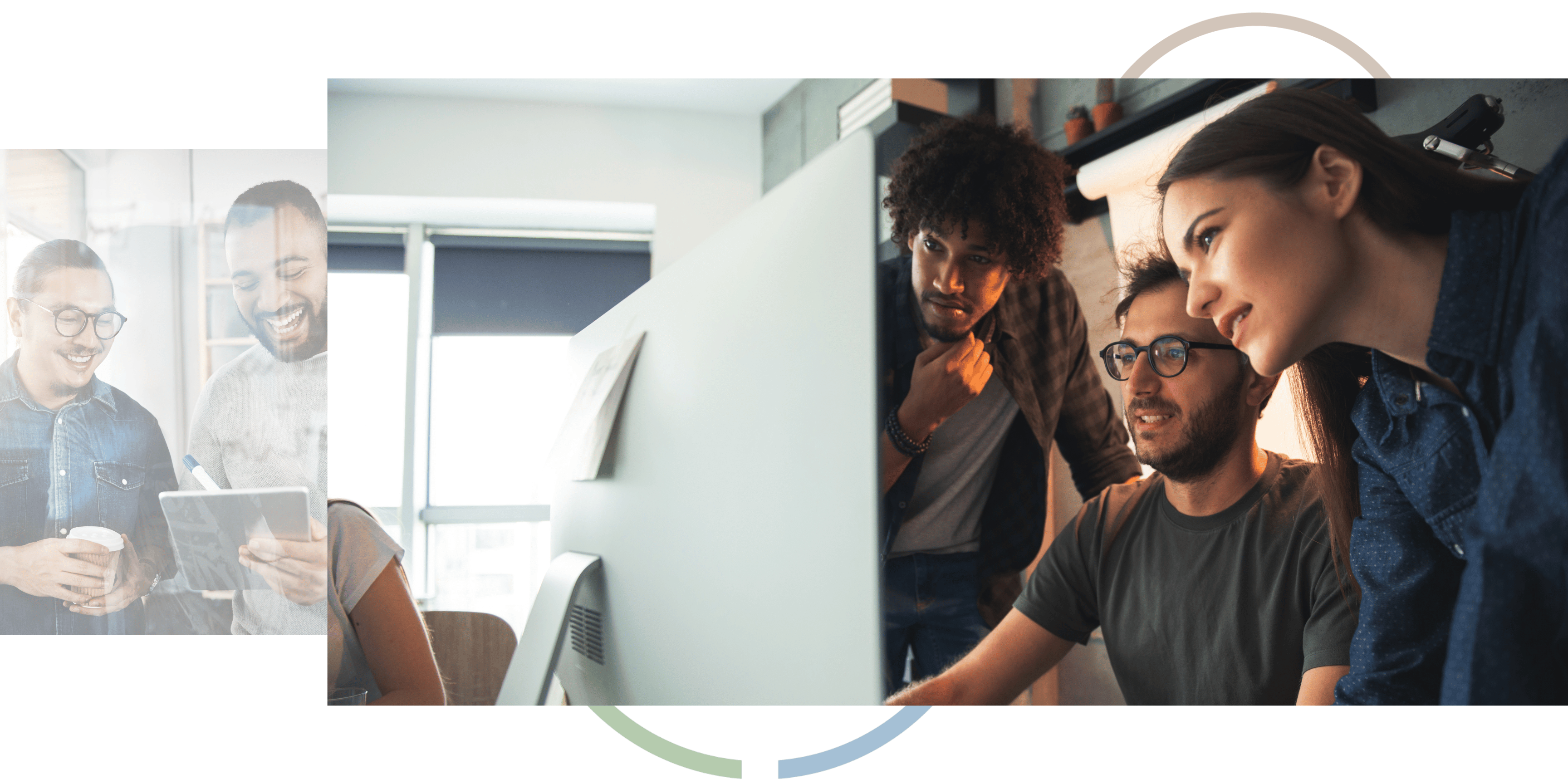 Photos of people looking at a monitor and tablet together