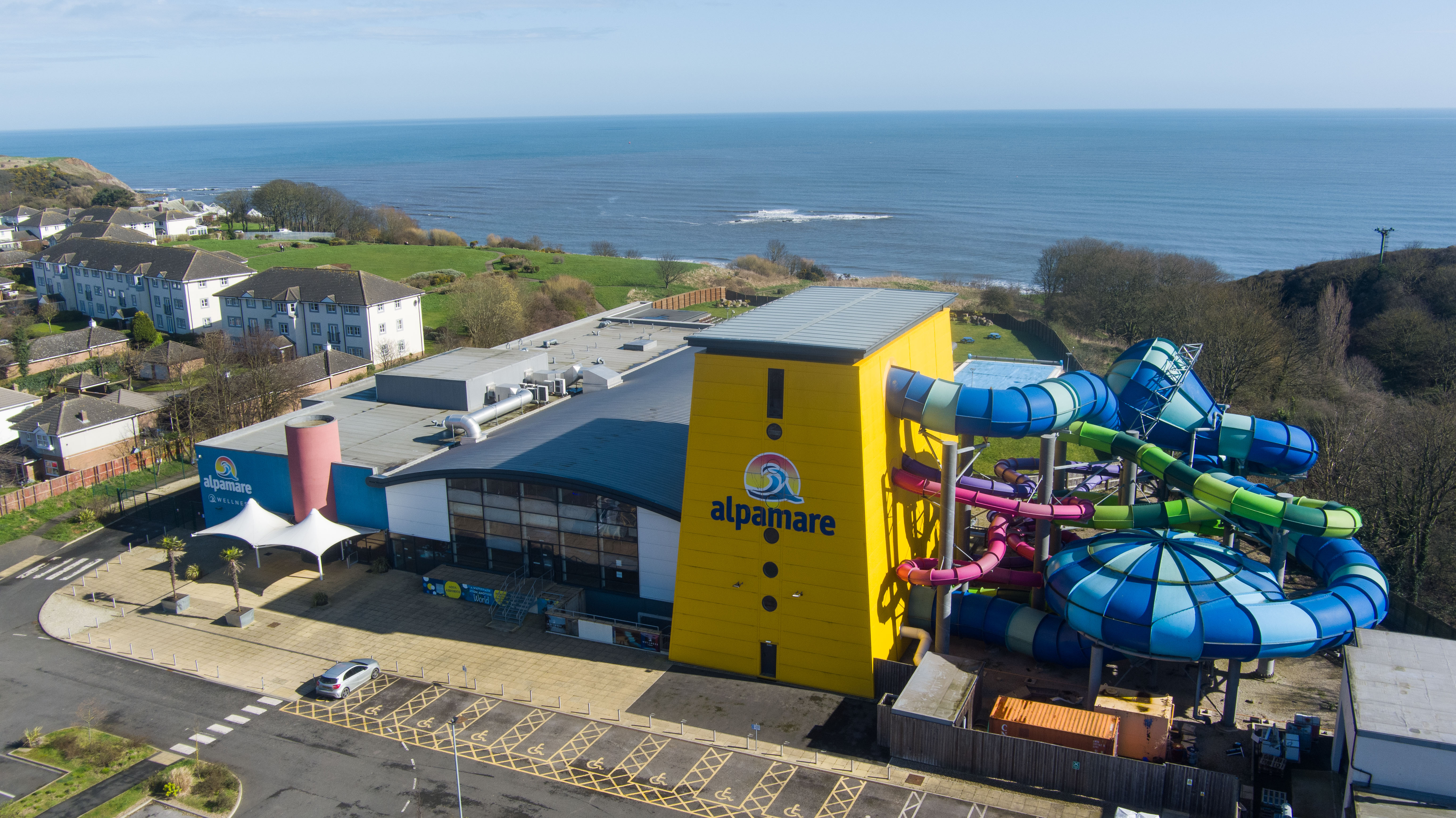 An aerial view of Alpamare Water Park in Scarborough