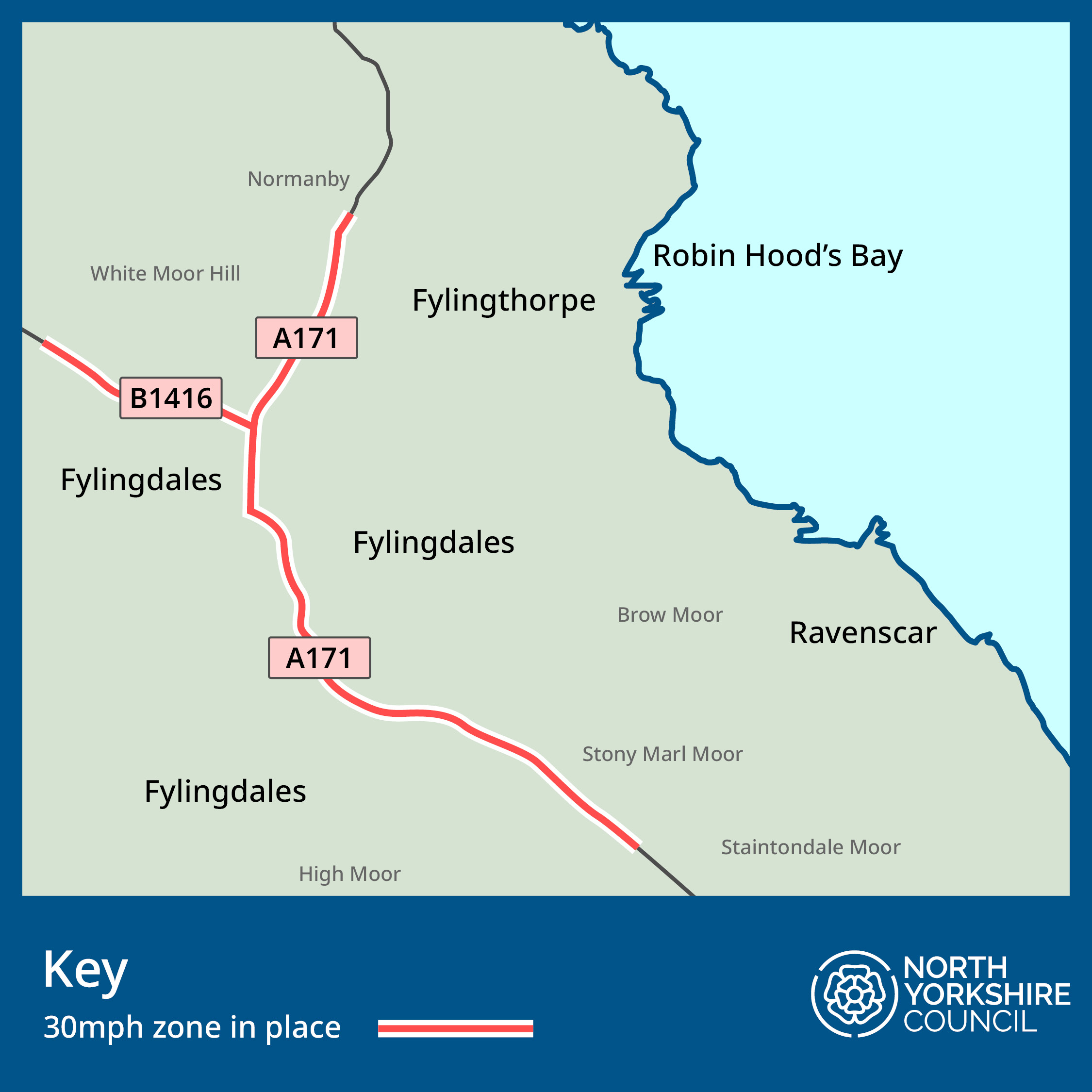 A map of the A171 and B1416 showing where the 30mph restriction will be in place.