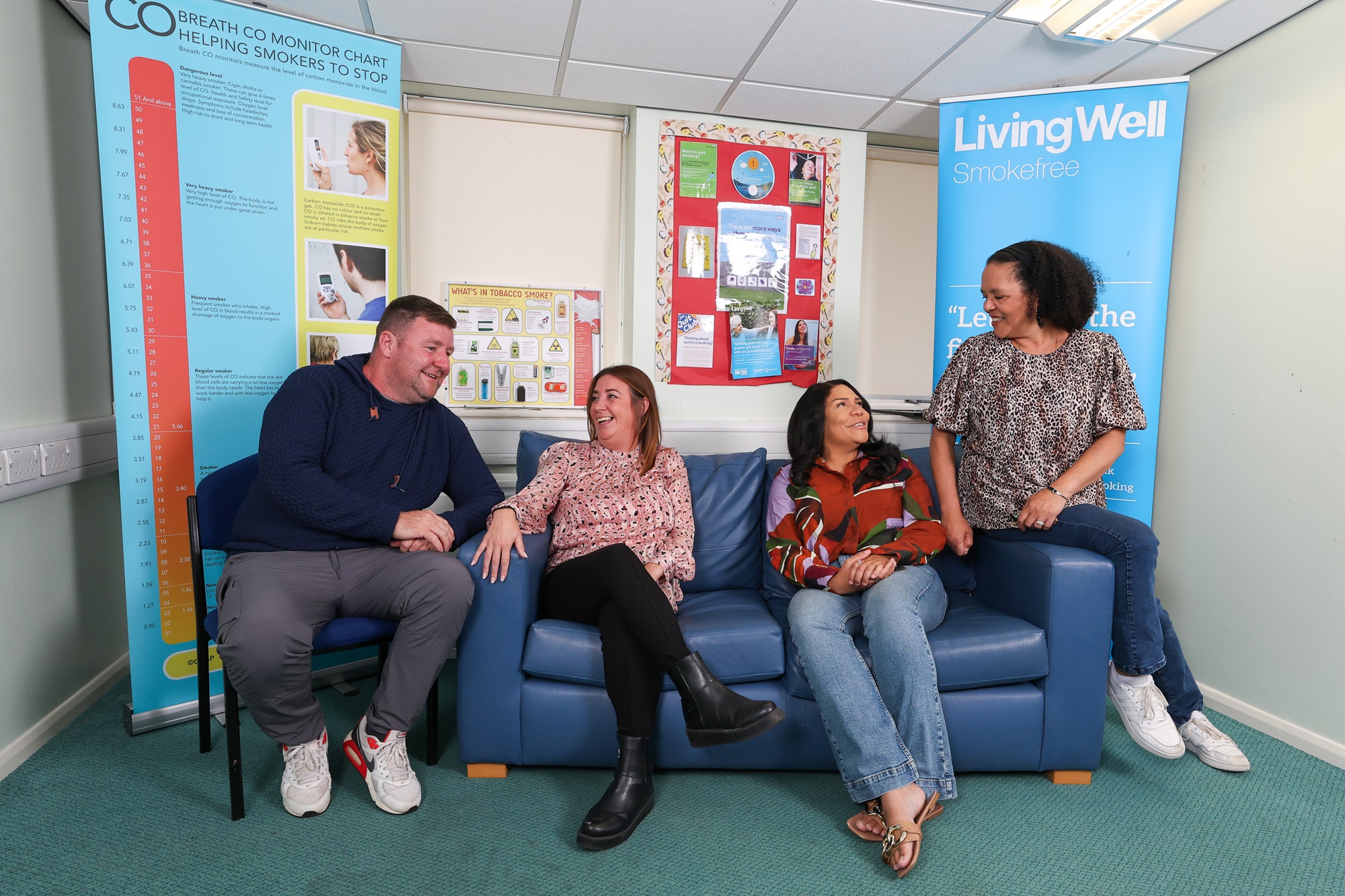 (From left) Gary Bellwood, Melanie Bellwood, Jade Church and Rachel Church. All sat on a blue sofa.