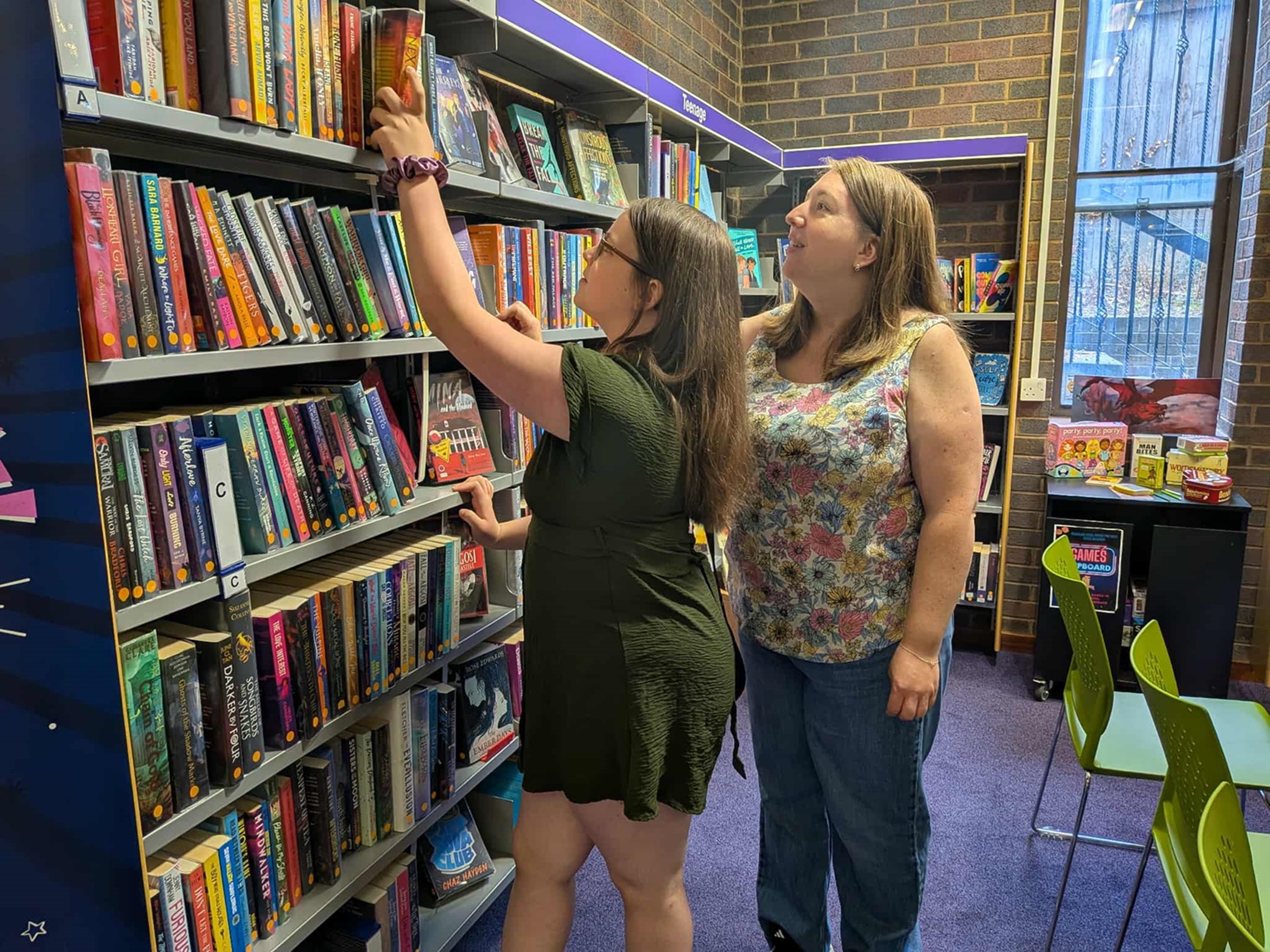Kaitlin and Liz Clarkson in the library