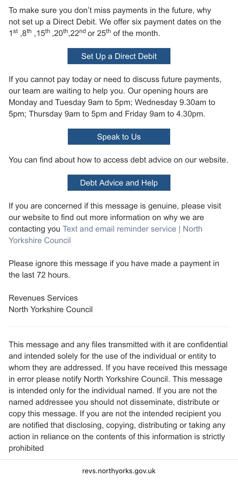 Screenshot of a text message relating to the payment of council tax.