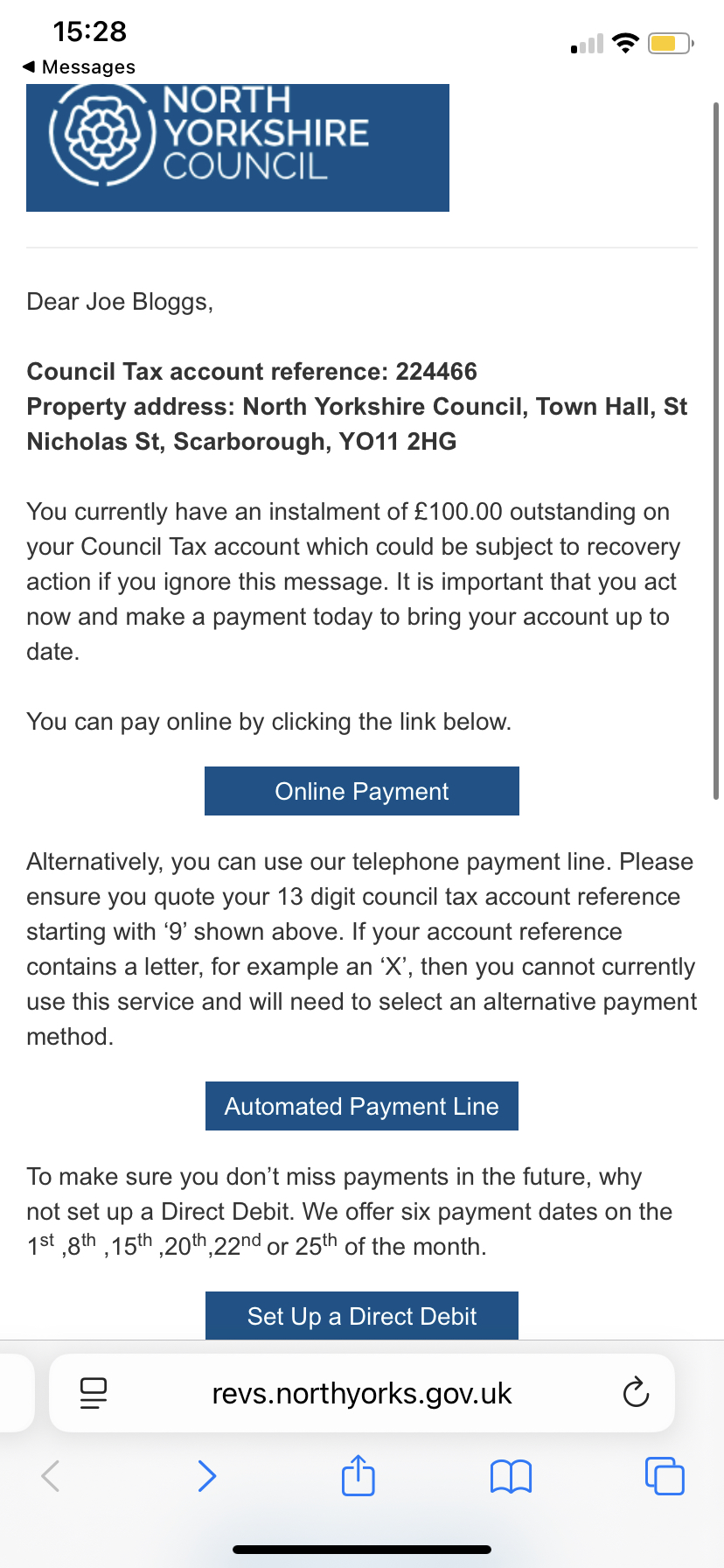 Webform relating to the payment of council tax.