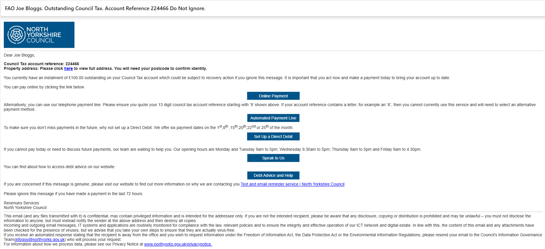 An email regarding the payment of council tax.