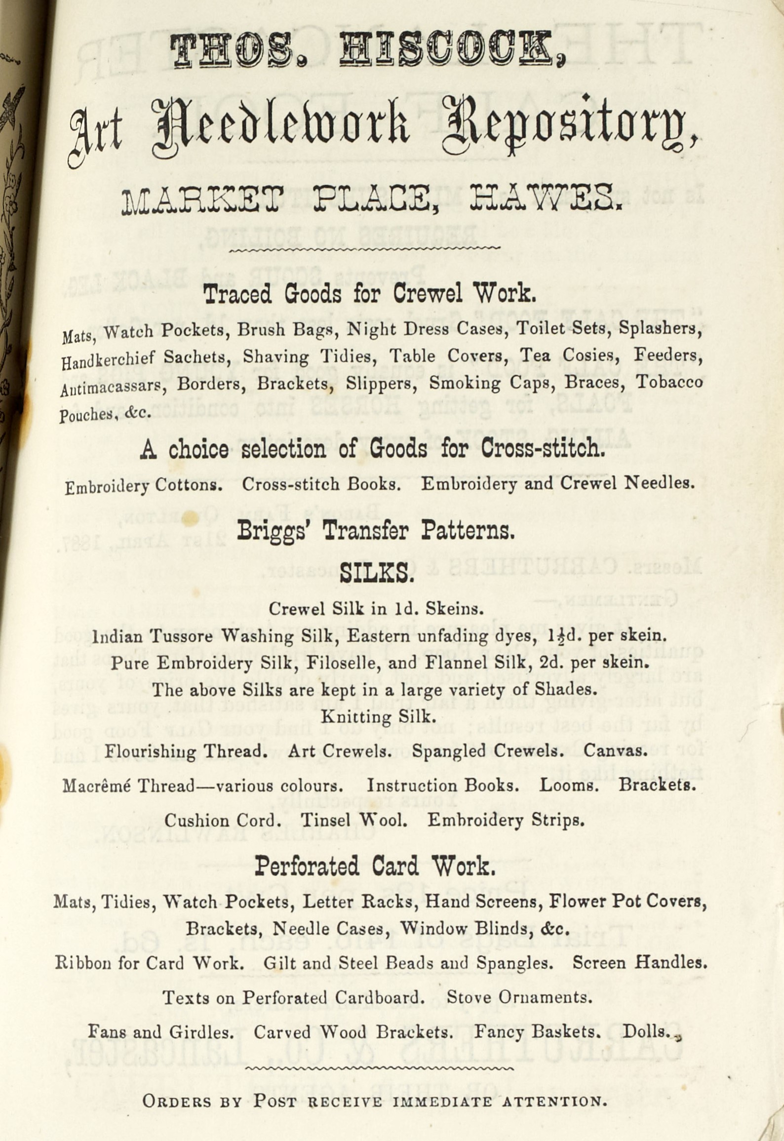 Advert for Thomas Hiscock’s ‘Art Needlework Repository’ at Hawes, from the Wensleydale Almanack, 1888.